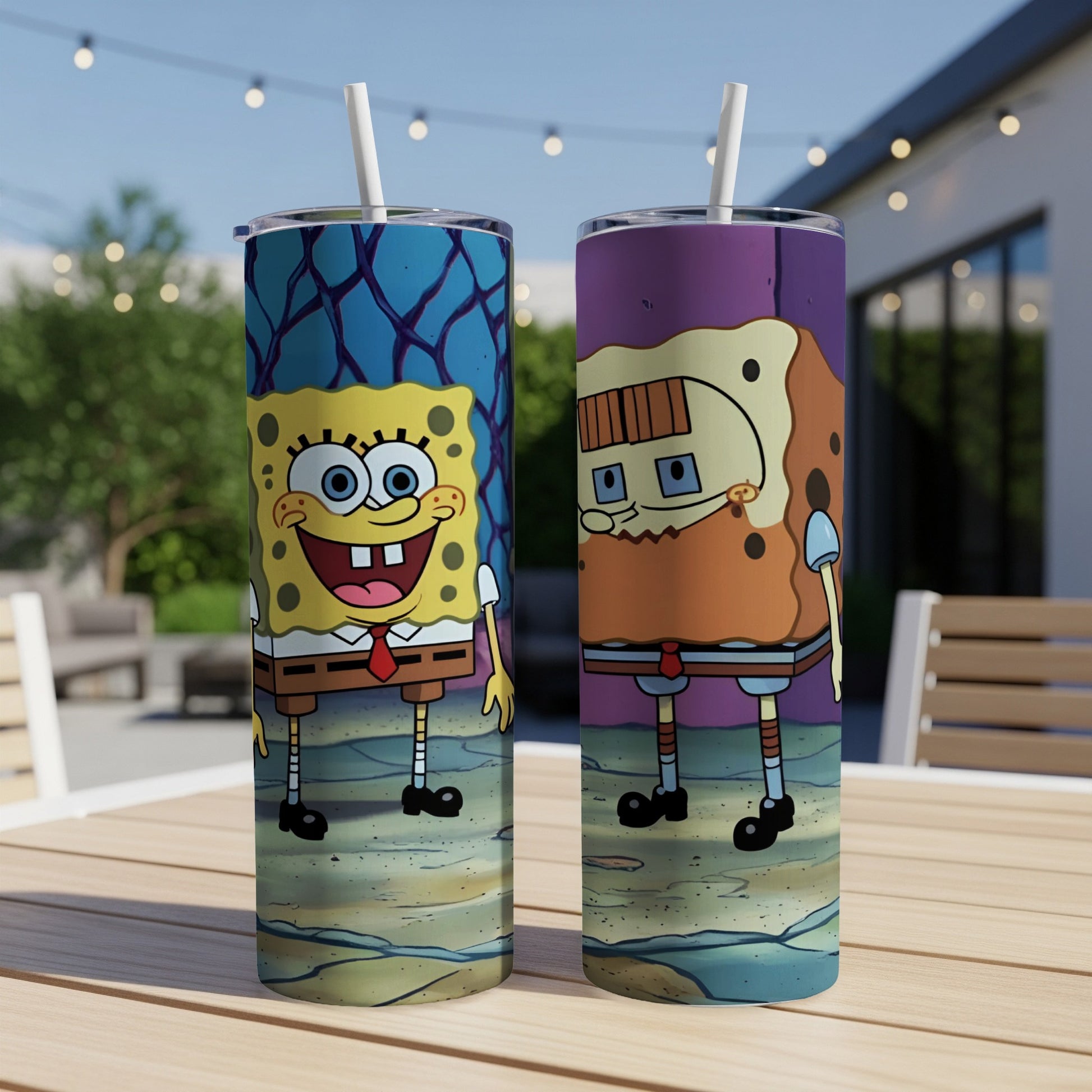Two Spongebob Squarepants tumblers with cartoon characters on a wooden table.