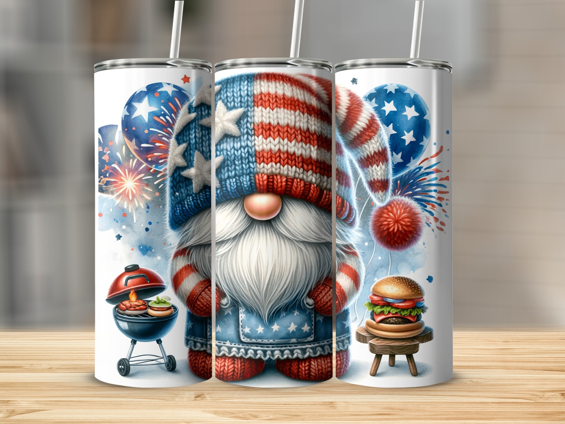 Gnome in patriotic hat and overalls with burgers, grill, and fireworks.