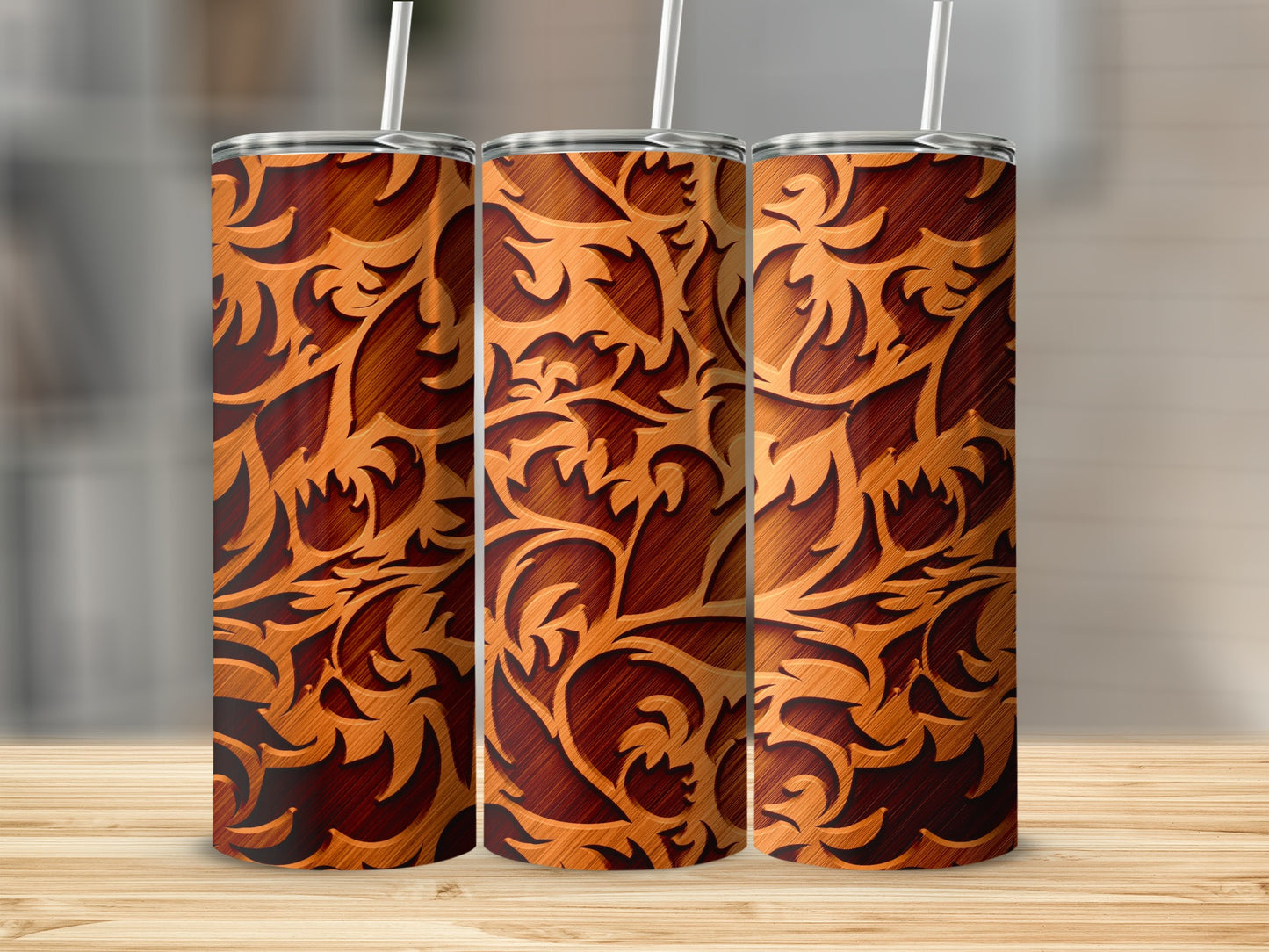 Orange Abstract Engraved Leaves Design Illustration Tumblers