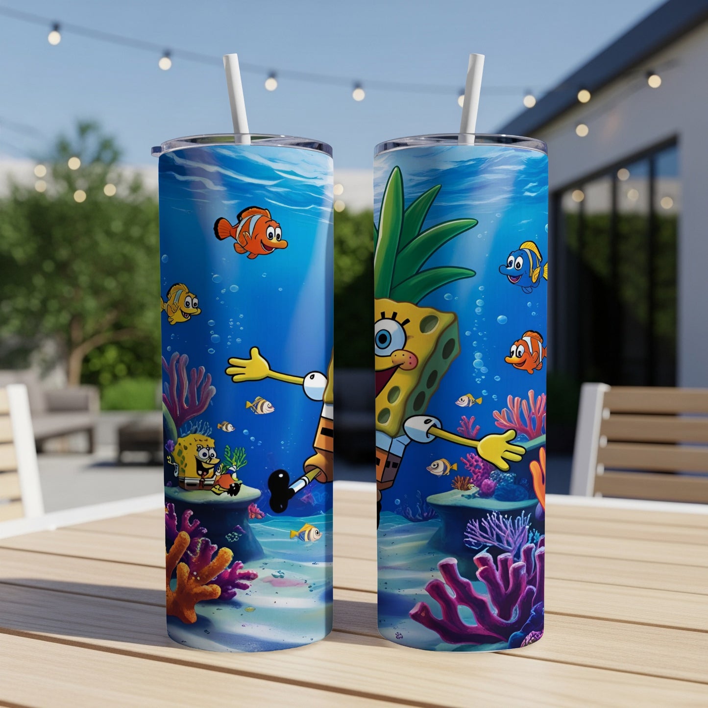 SpongeBob SquarePants and friends underwater on a pineapple-themed tumbler.