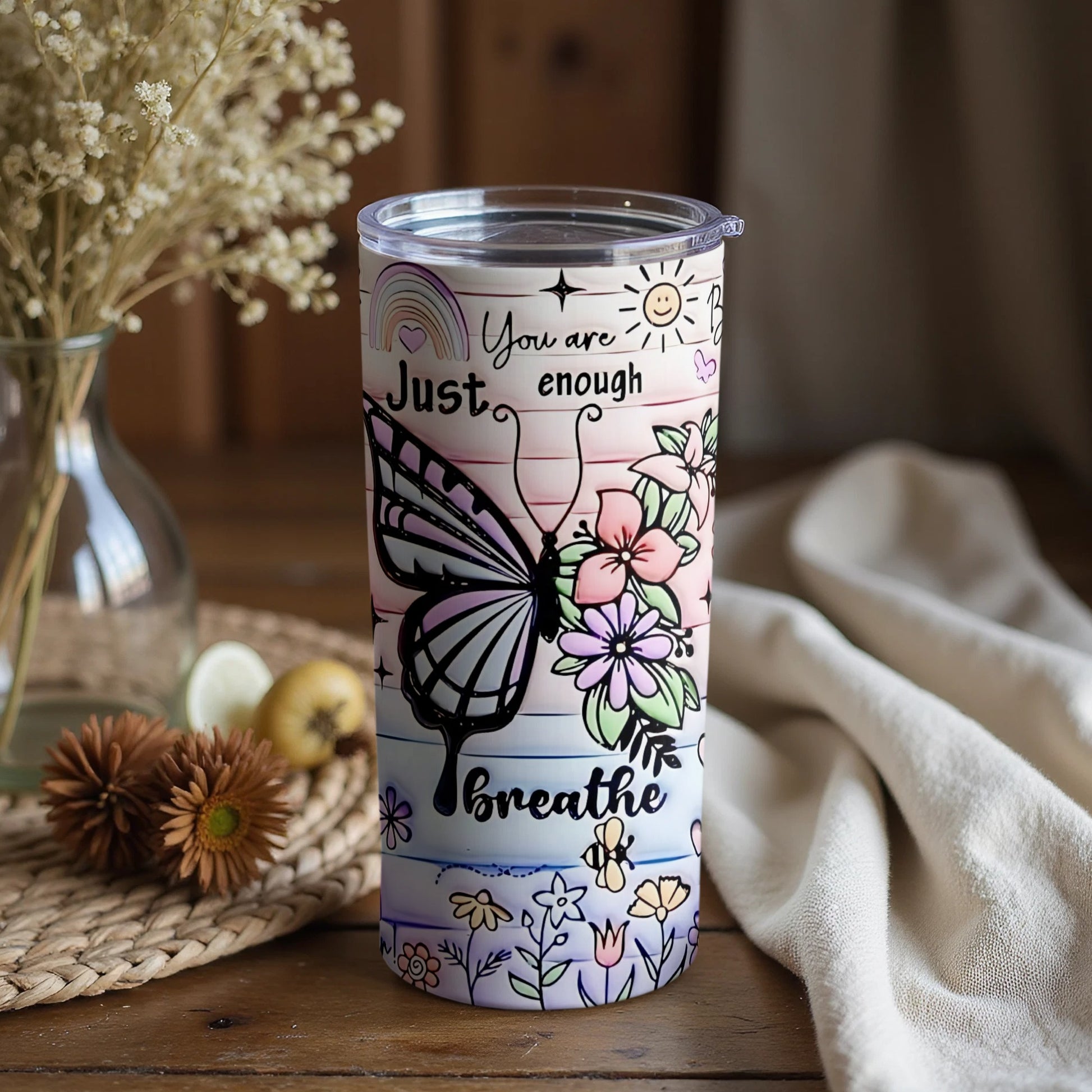 Just Breathe Butterfly and Flowers Inspirational Tumbler