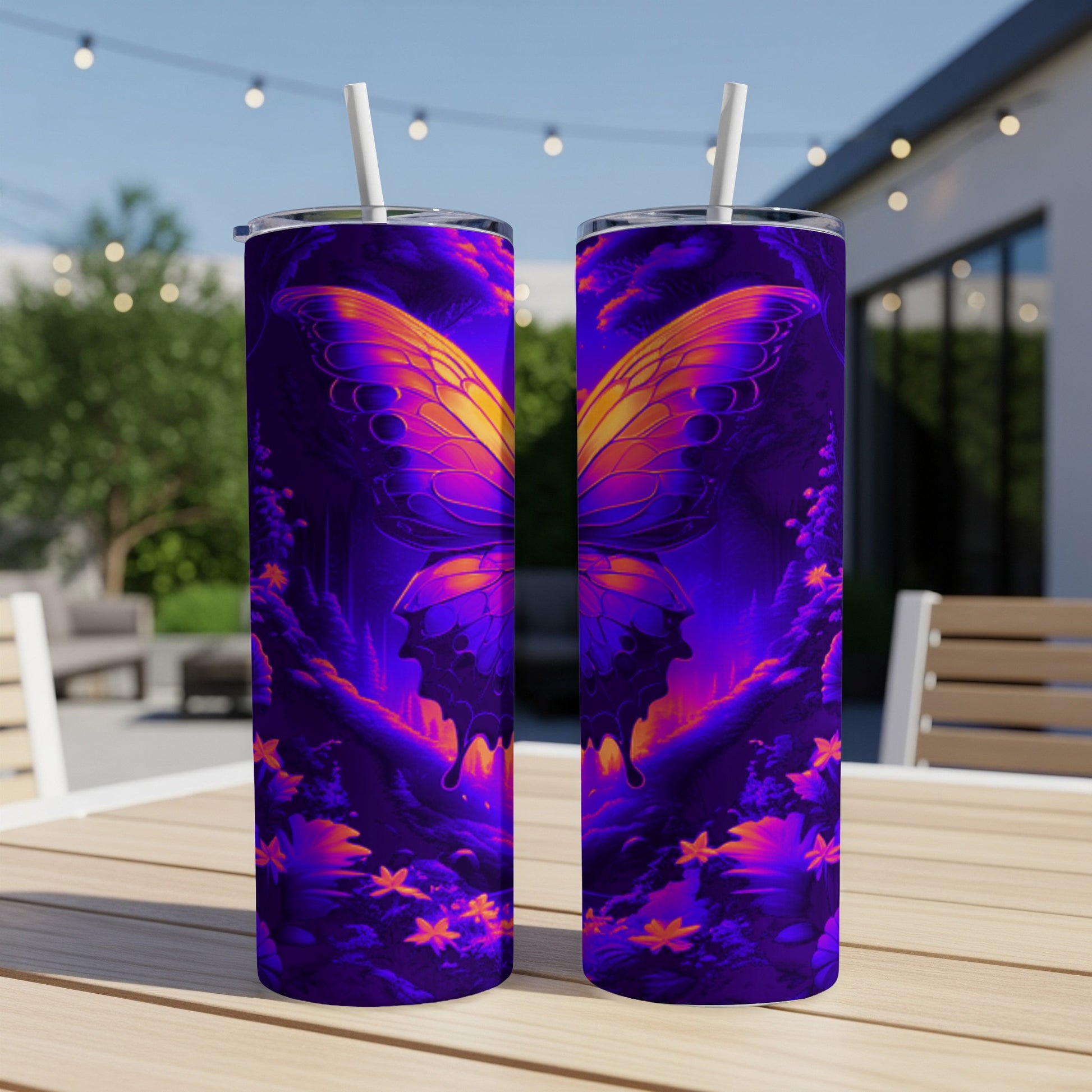 Two tumblers featuring a vibrant purple and orange butterfly design.