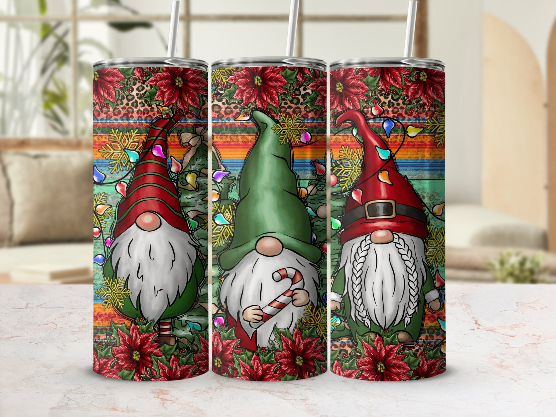 Three gnomes with Christmas lights and candy canes on a festive background.
