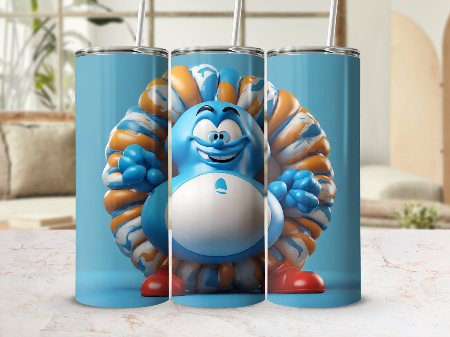 Cute Cartoon Character Design on Blue Tumbler Cup