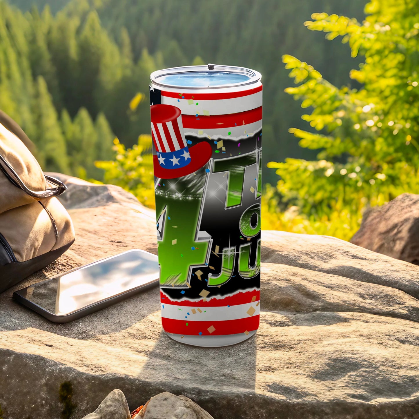 Tall tumbler with patriotic theme, American flag, and "4th" text.