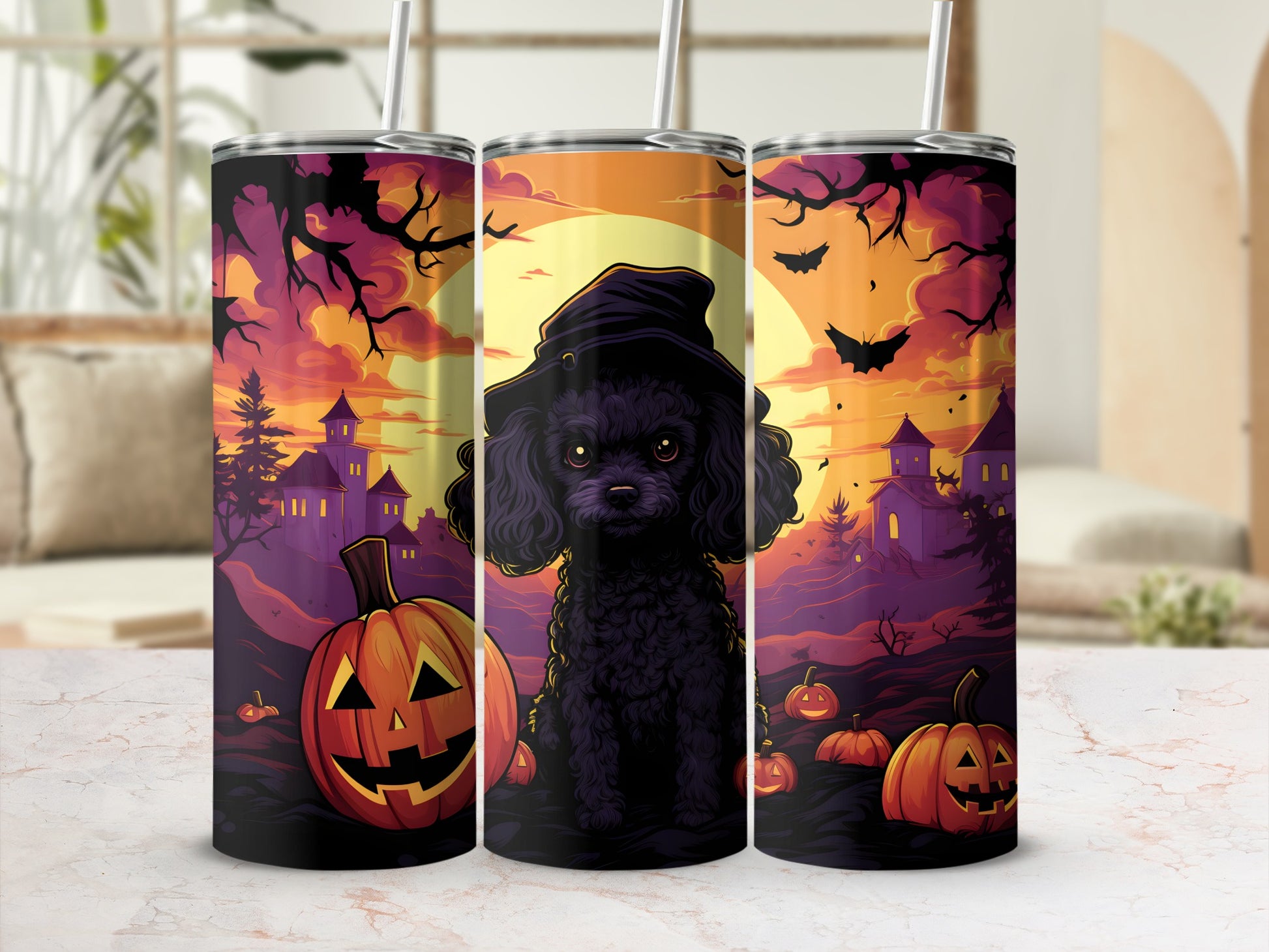 Halloween tumblers with a black poodle and pumpkins against a spooky, purple, and orange sunset scene.