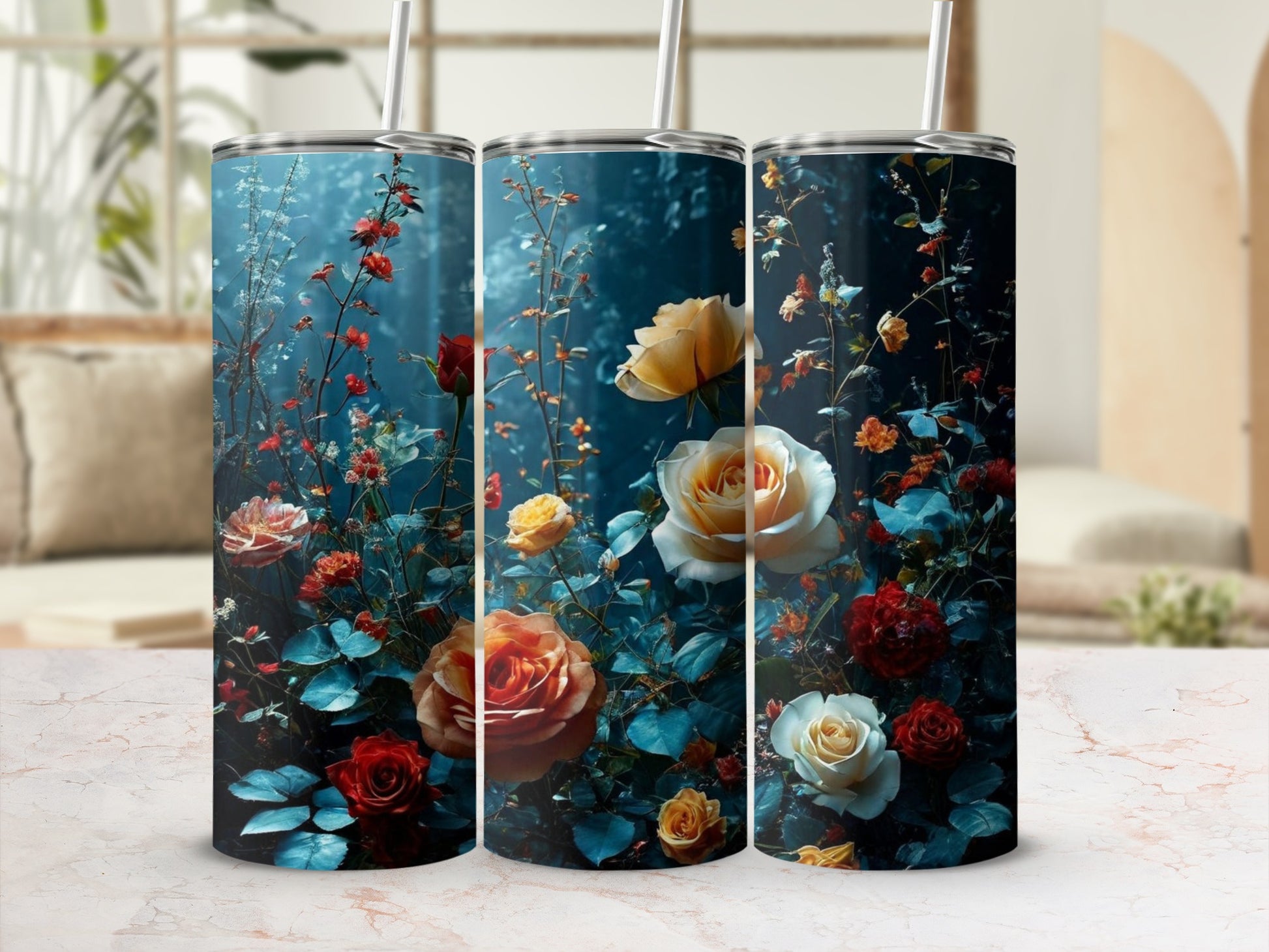 Floral pattern with roses on a blue background with straw.