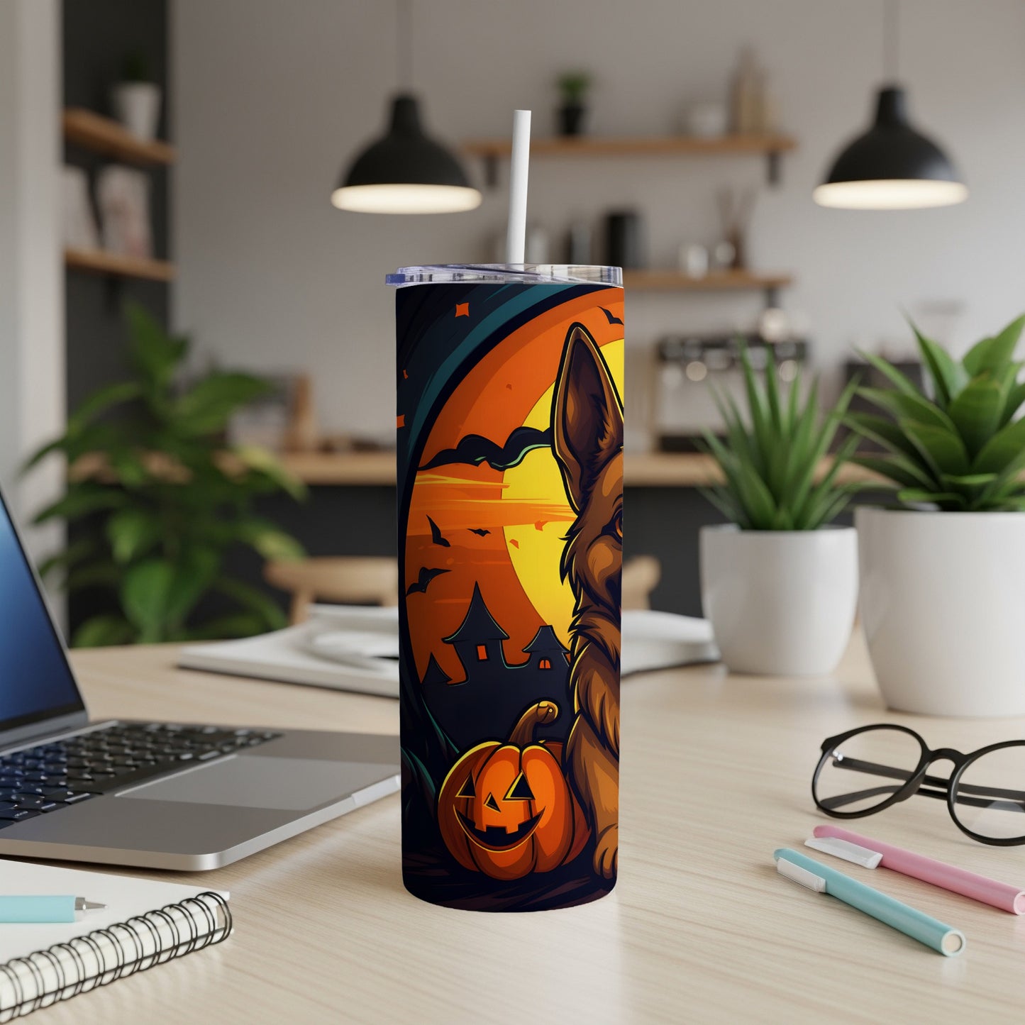 German Shepherd Halloween tumbler with a pumpkin and haunted house design.