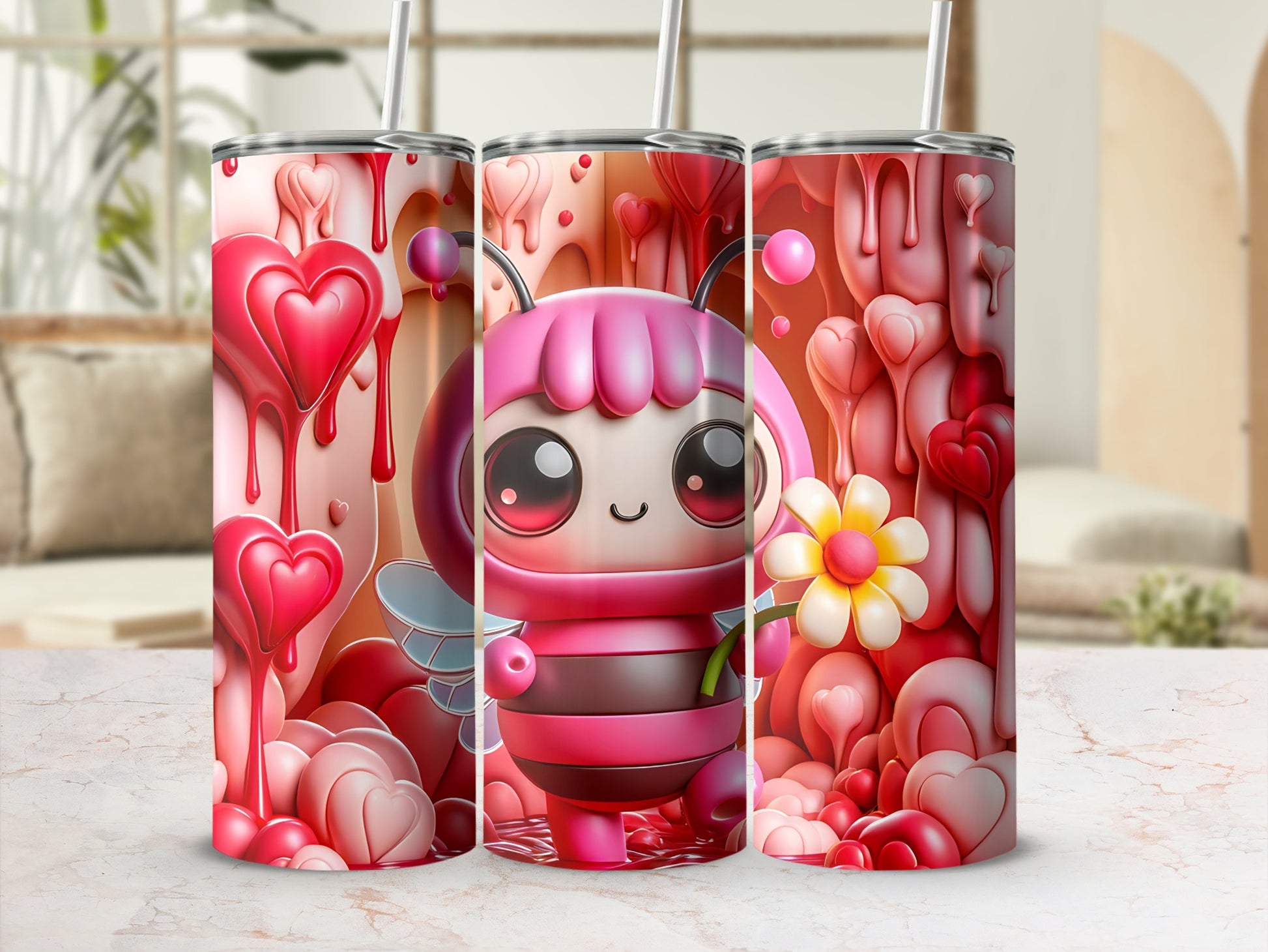 Adorable Bee and Hearts Design Insulated Tumbler