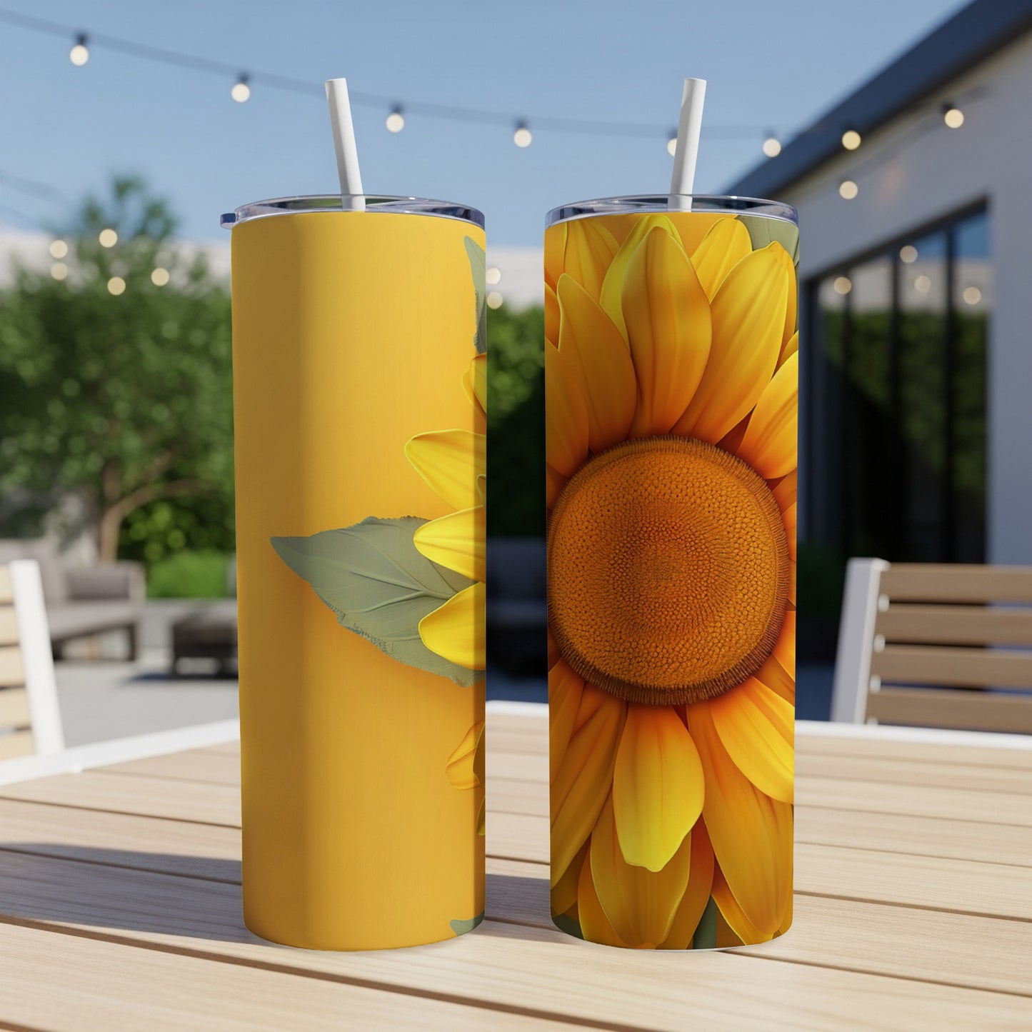 Two yellow tumblers with sunflower designs sit on a wooden table outdoors.