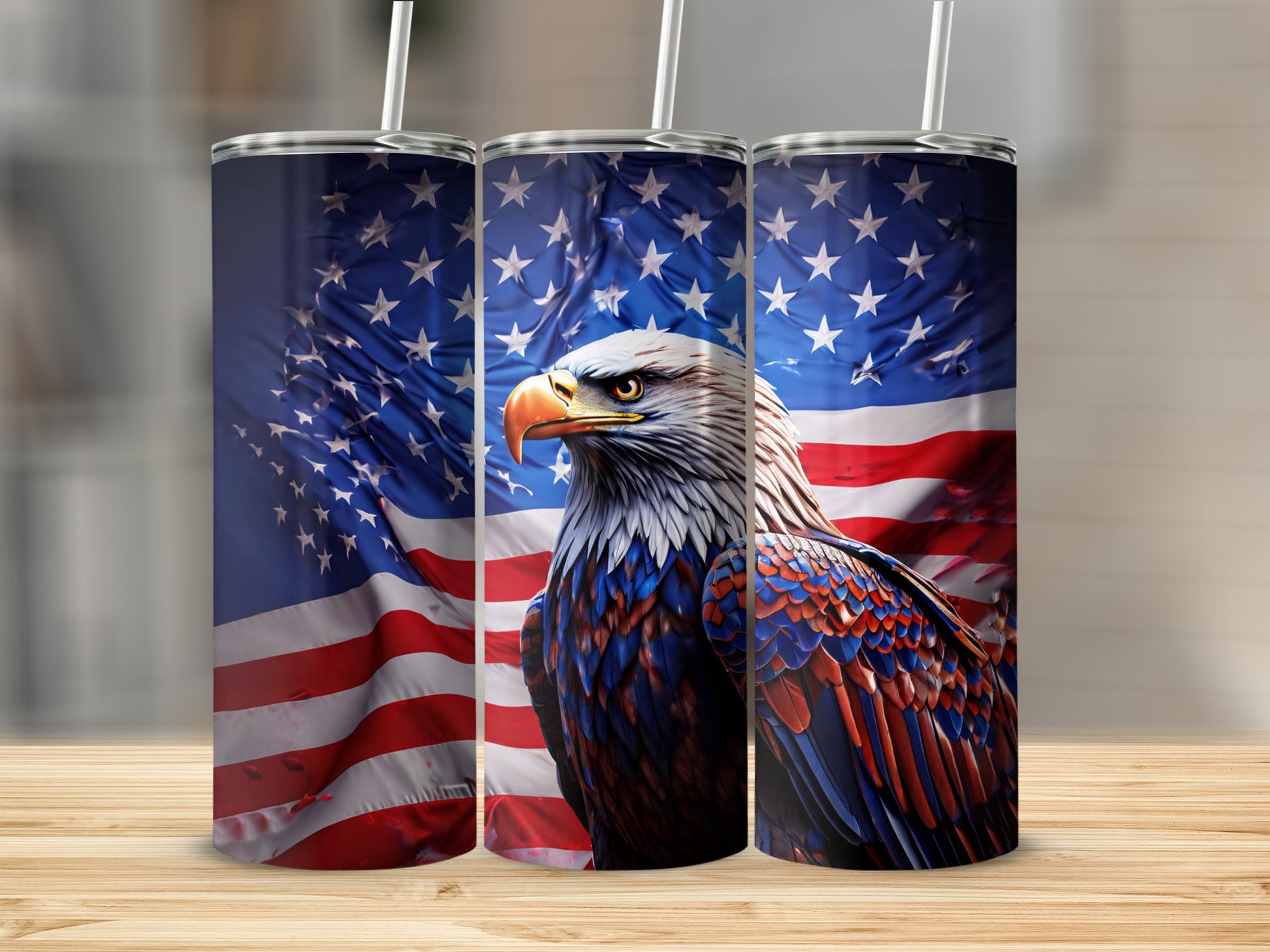 Eagle with American flag design on three tumblers.