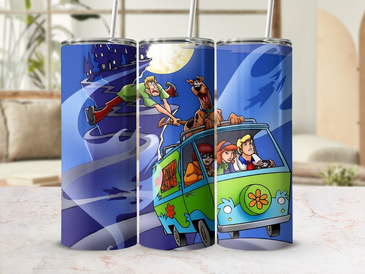 Scooby-Doo and the Mystery Machine with Scooby, Shaggy, Daphne, and Fred.