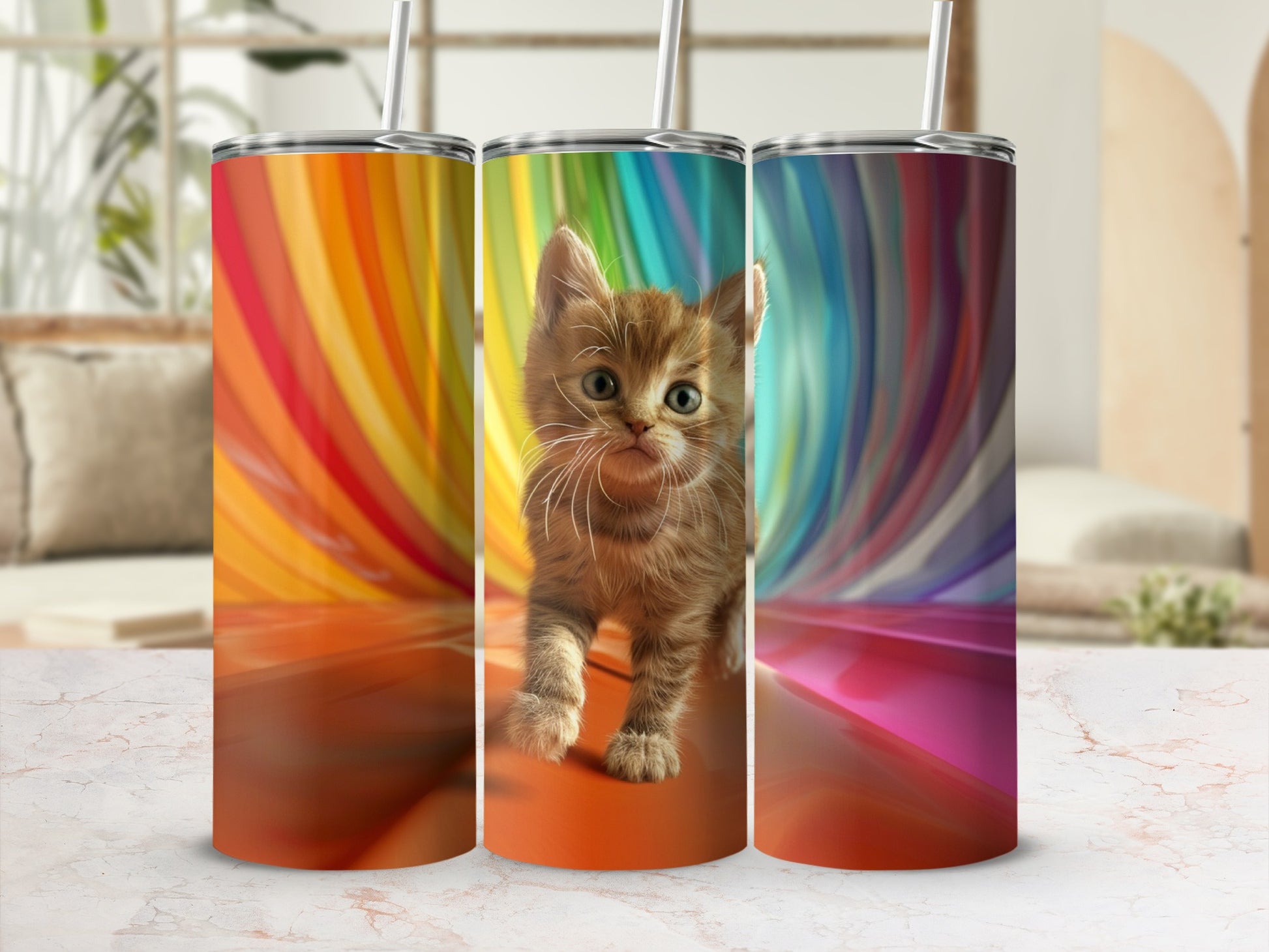 Orange tabby kitten walking on a rainbow-colored background.
