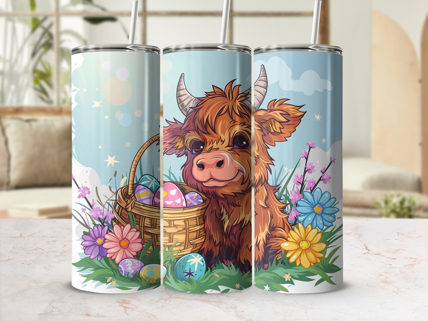 Cute Highland Cow Easter Eggs Floral Drinkware