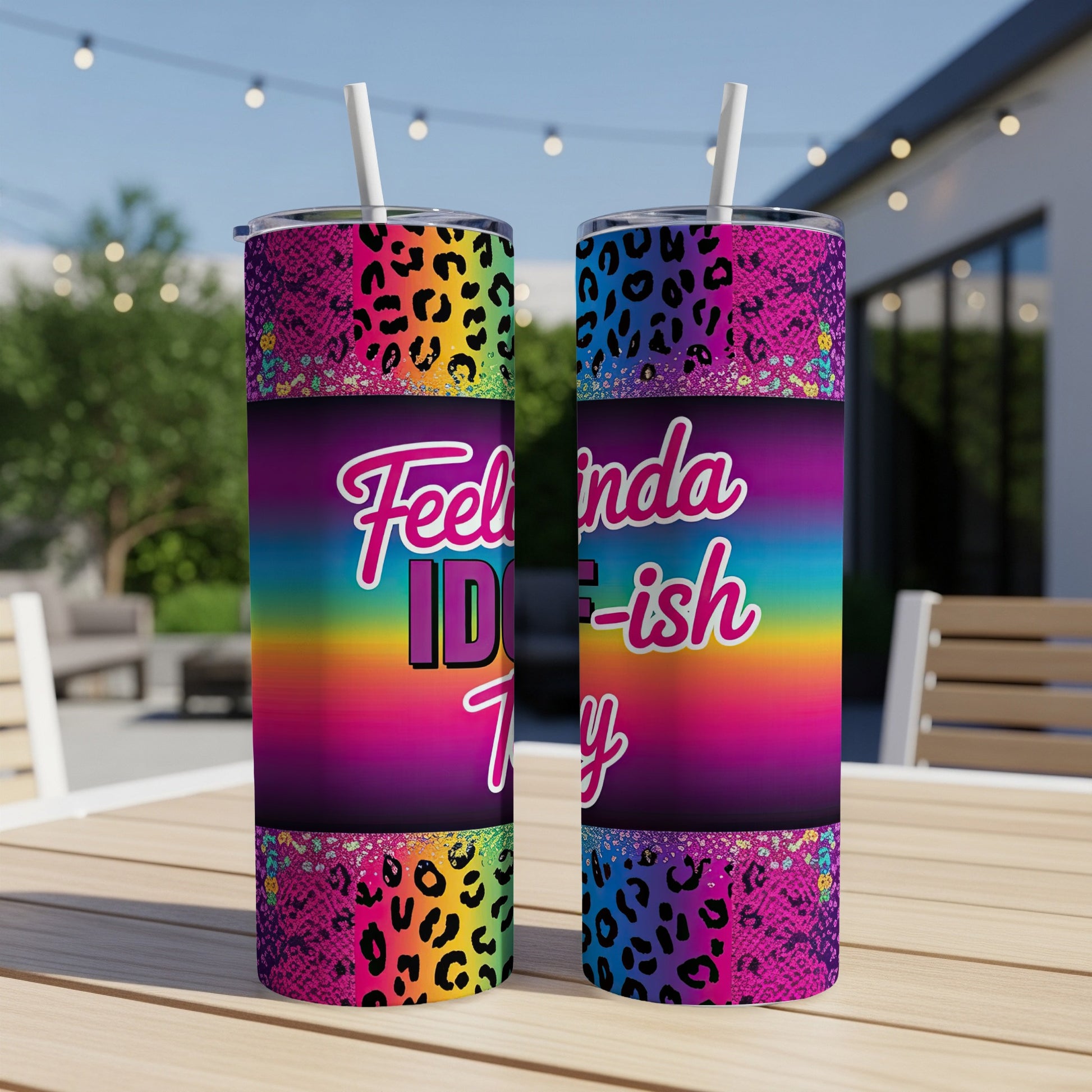 Tumbler with leopard print and rainbow gradient, reads "Feel kinda IDK-ish Today".