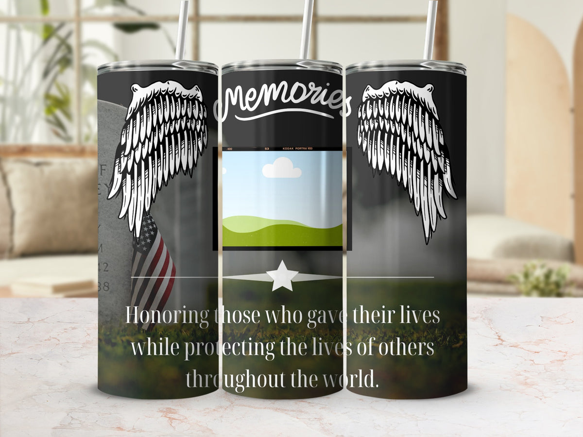 Tumbler with angel wings, American flag, and text honoring those who gave their lives.