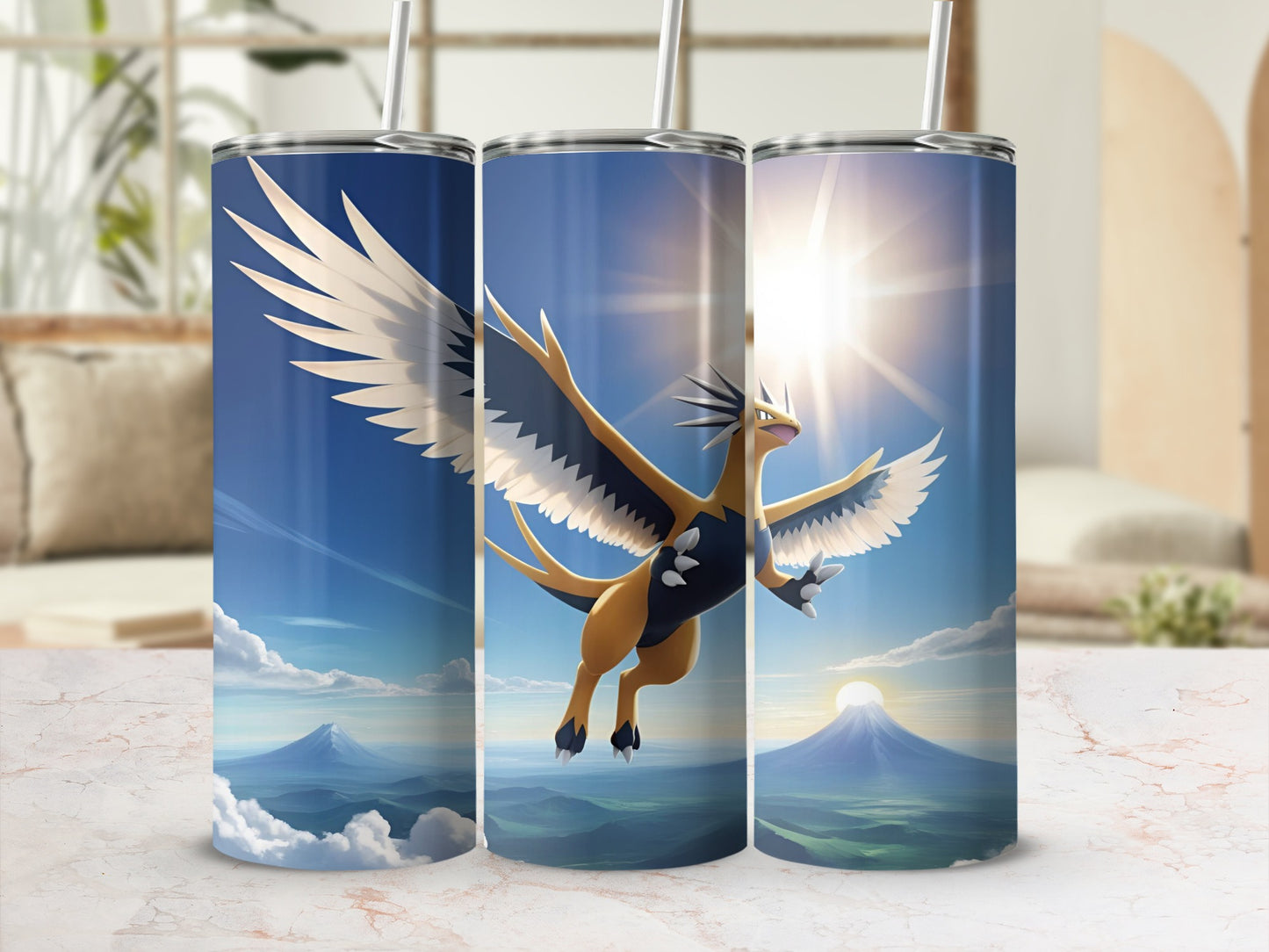Three tumblers featuring a flying golden dragon creature against a sunny mountain landscape.