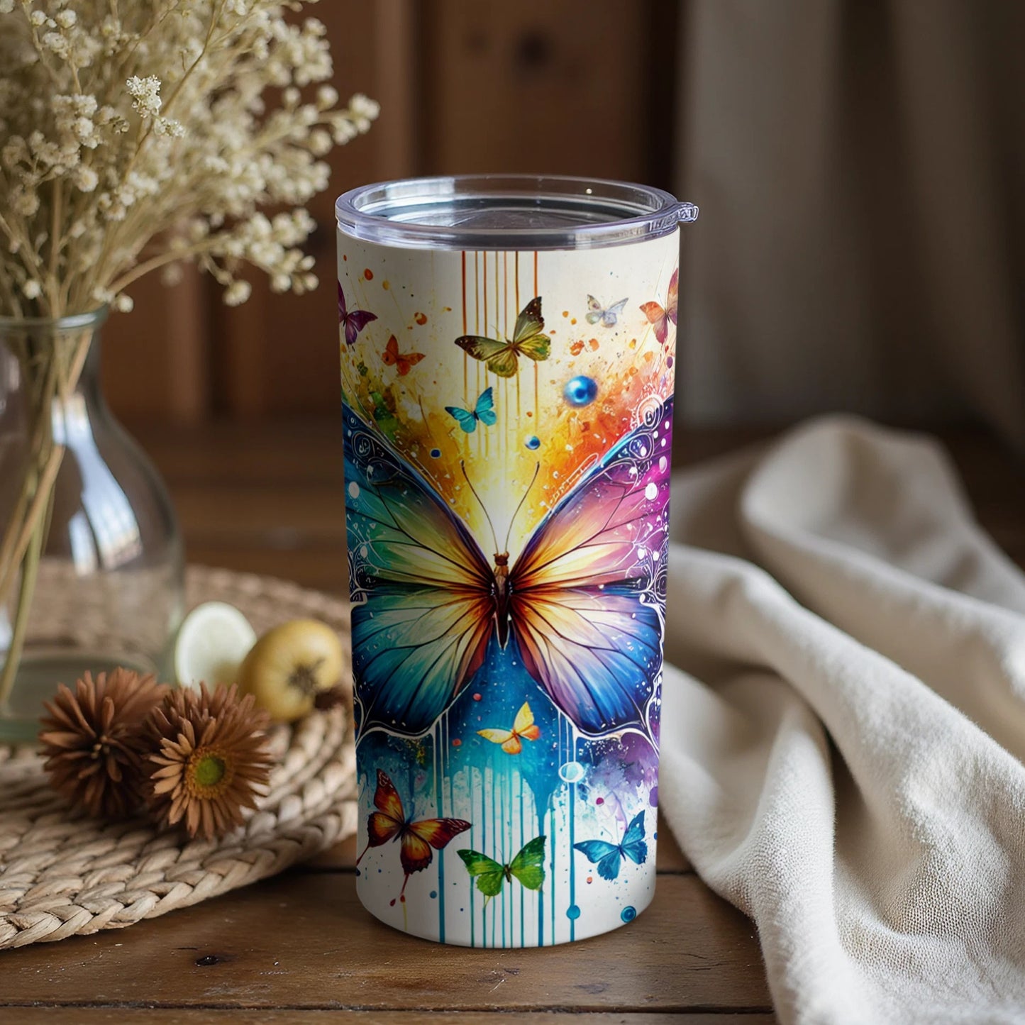 Colorful Butterfly and Flowers Print Tumbler Product