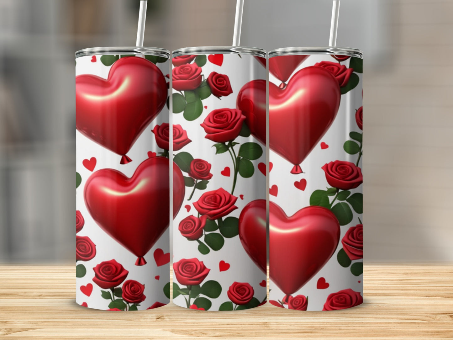 Three tumblers with heart balloons and red roses pattern.