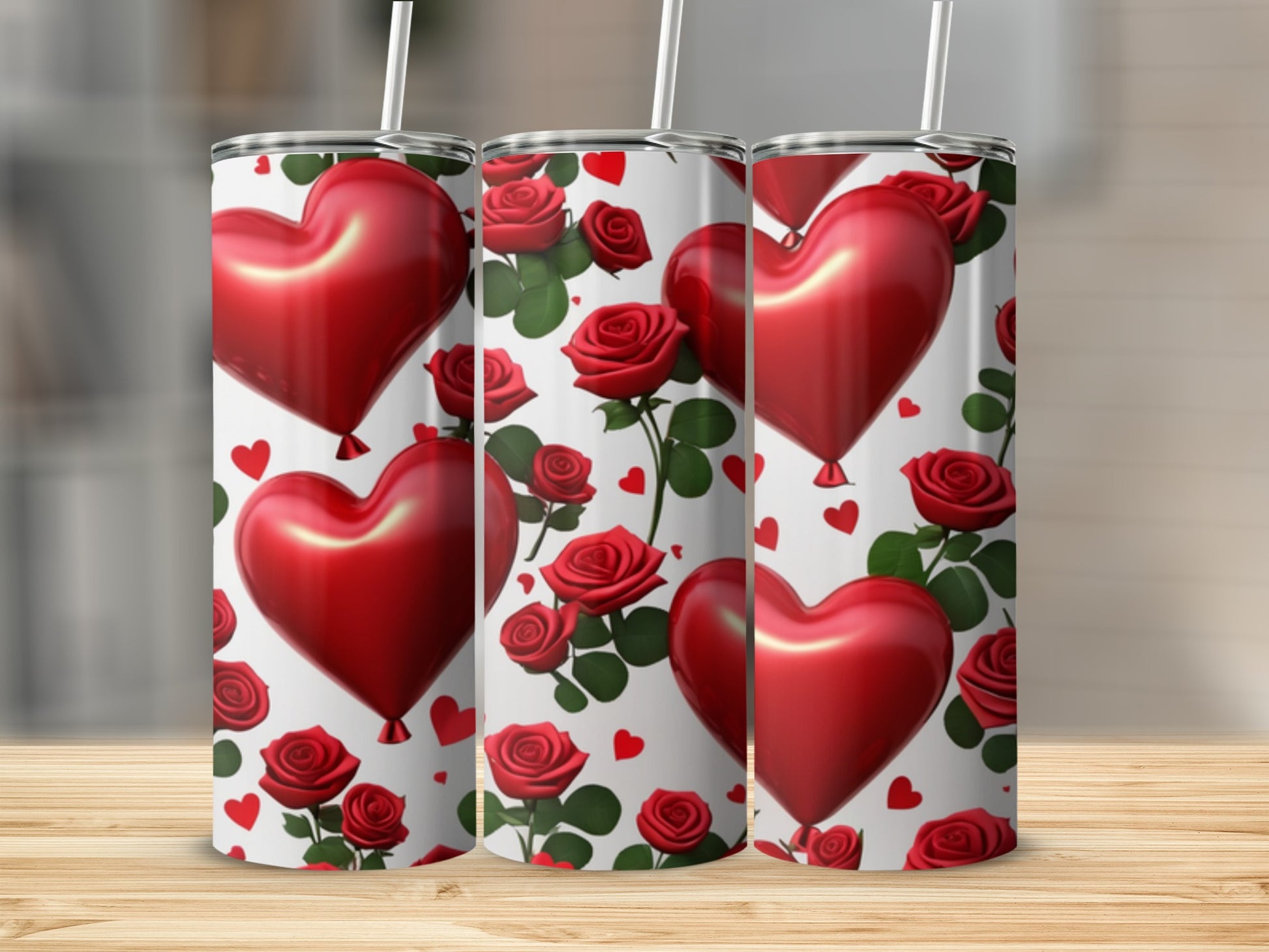 Three tumblers with heart balloons and red roses pattern.