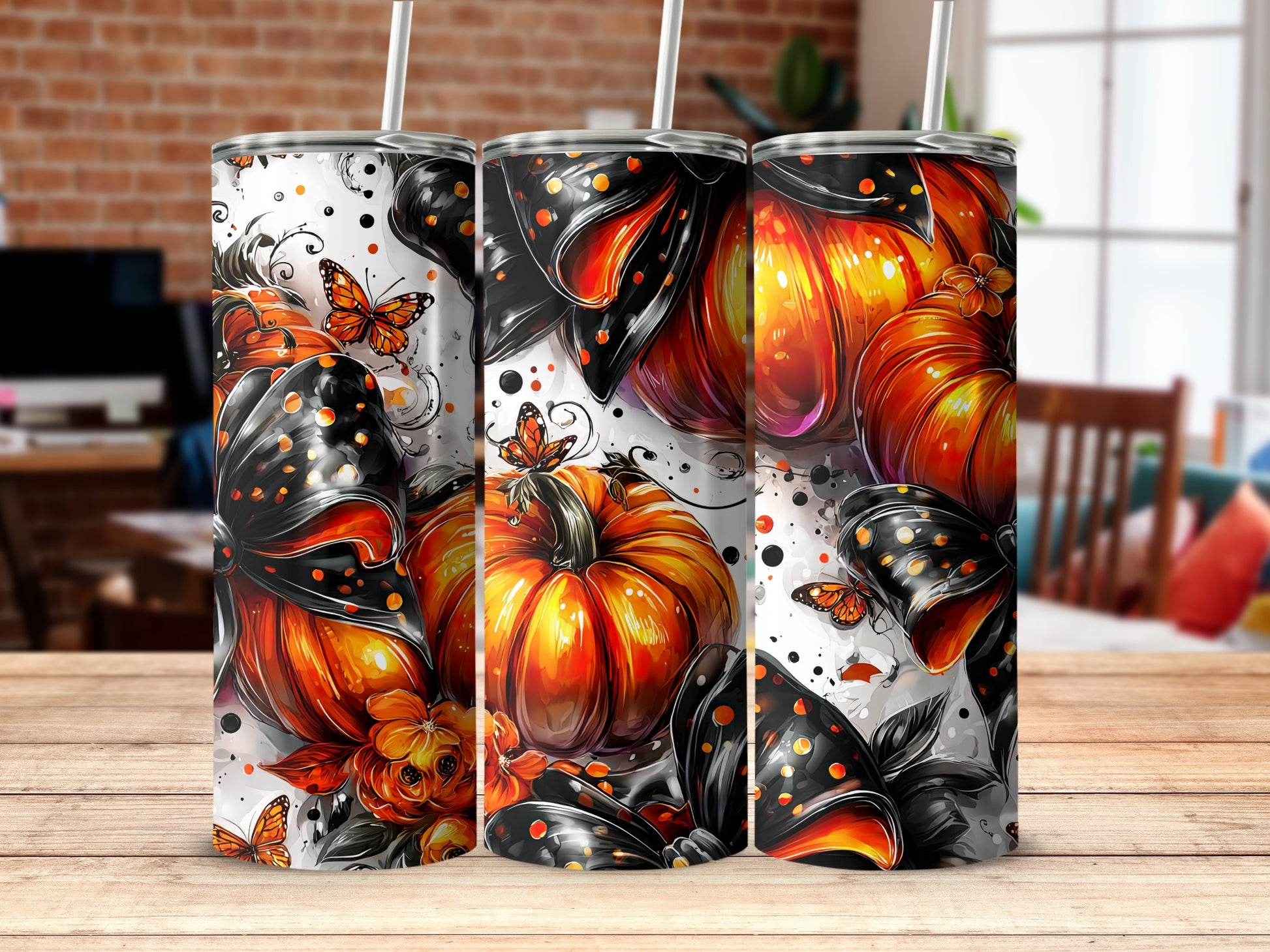 Vibrant Halloween Pumpkin Tumbler With Orange Butterflies