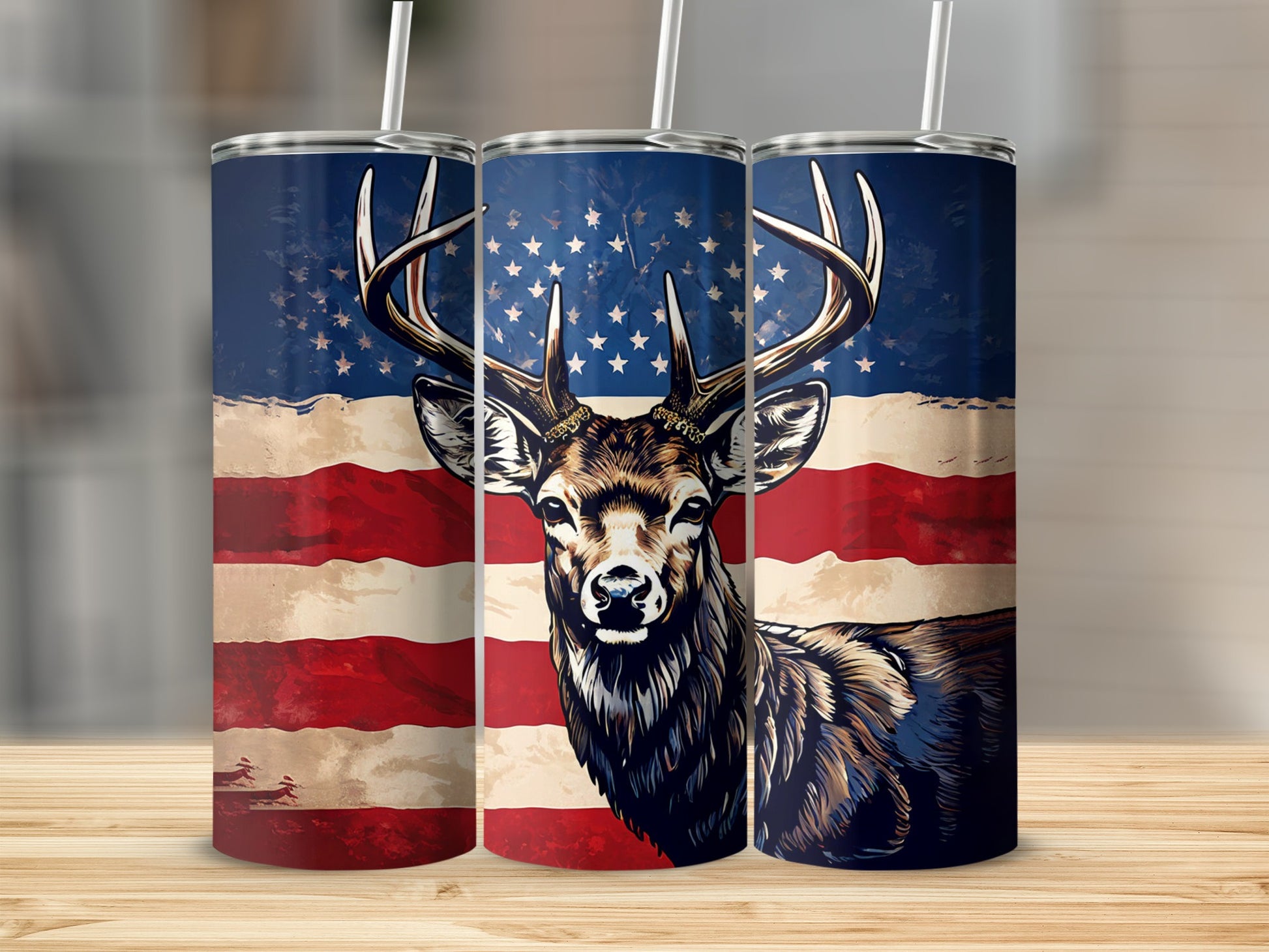 Deer portrait against distressed American flag on three tumblers.