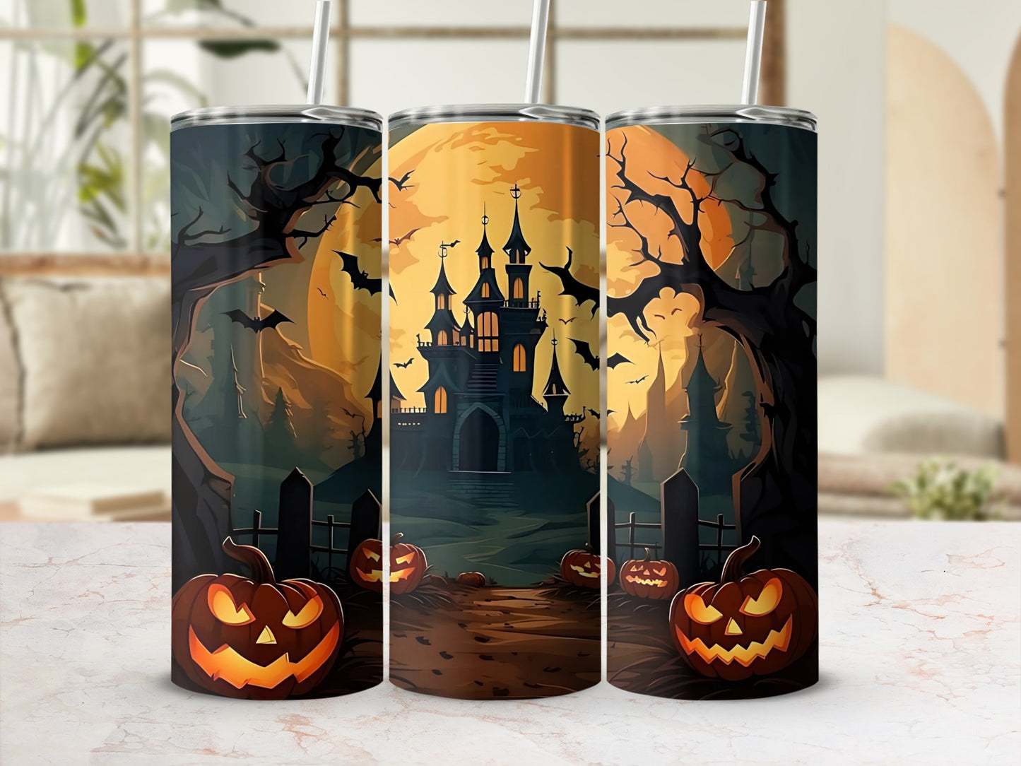 Spooky Halloween Castle and Pumpkin Design Tumbler