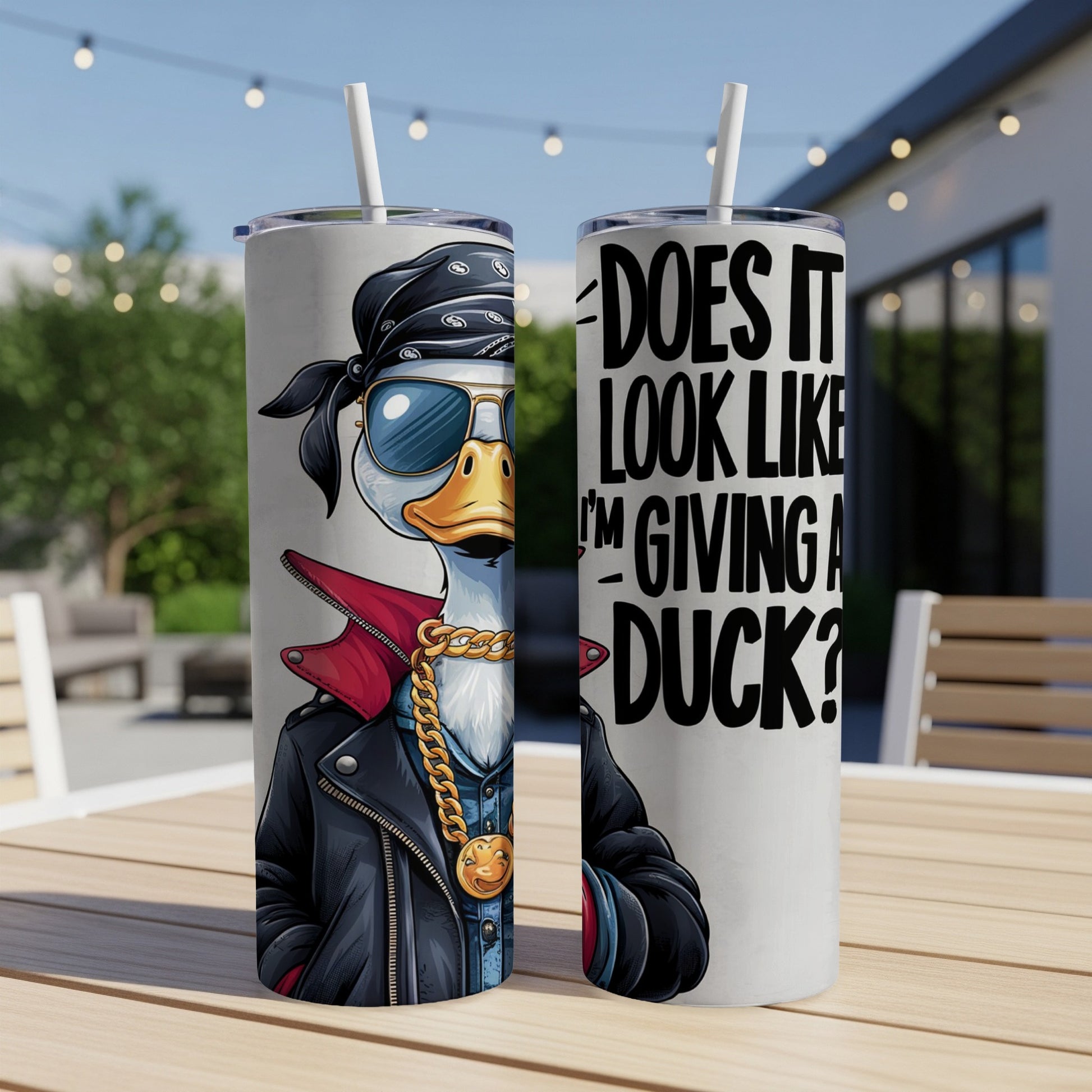Two tumblers featuring a cartoon duck in a leather jacket and bandana.