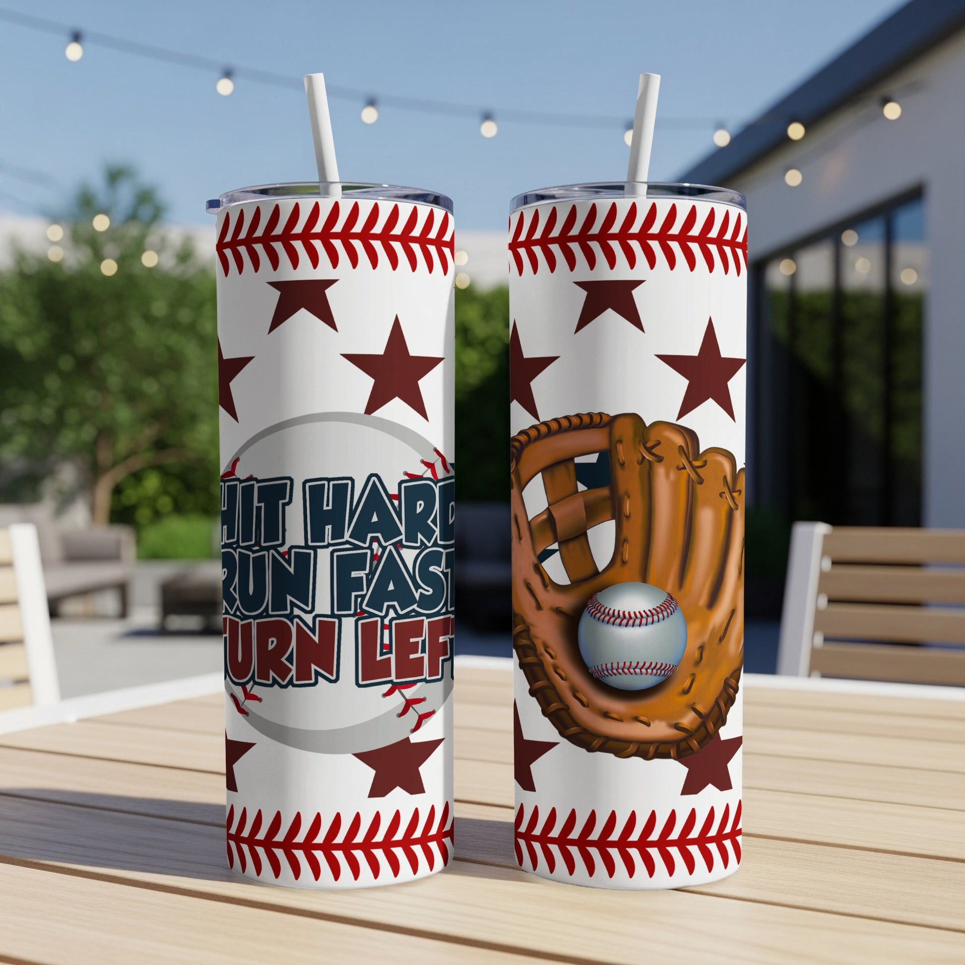 Two baseball-themed tumblers with "Hit Hard, Run Fast, Turn Left" text.