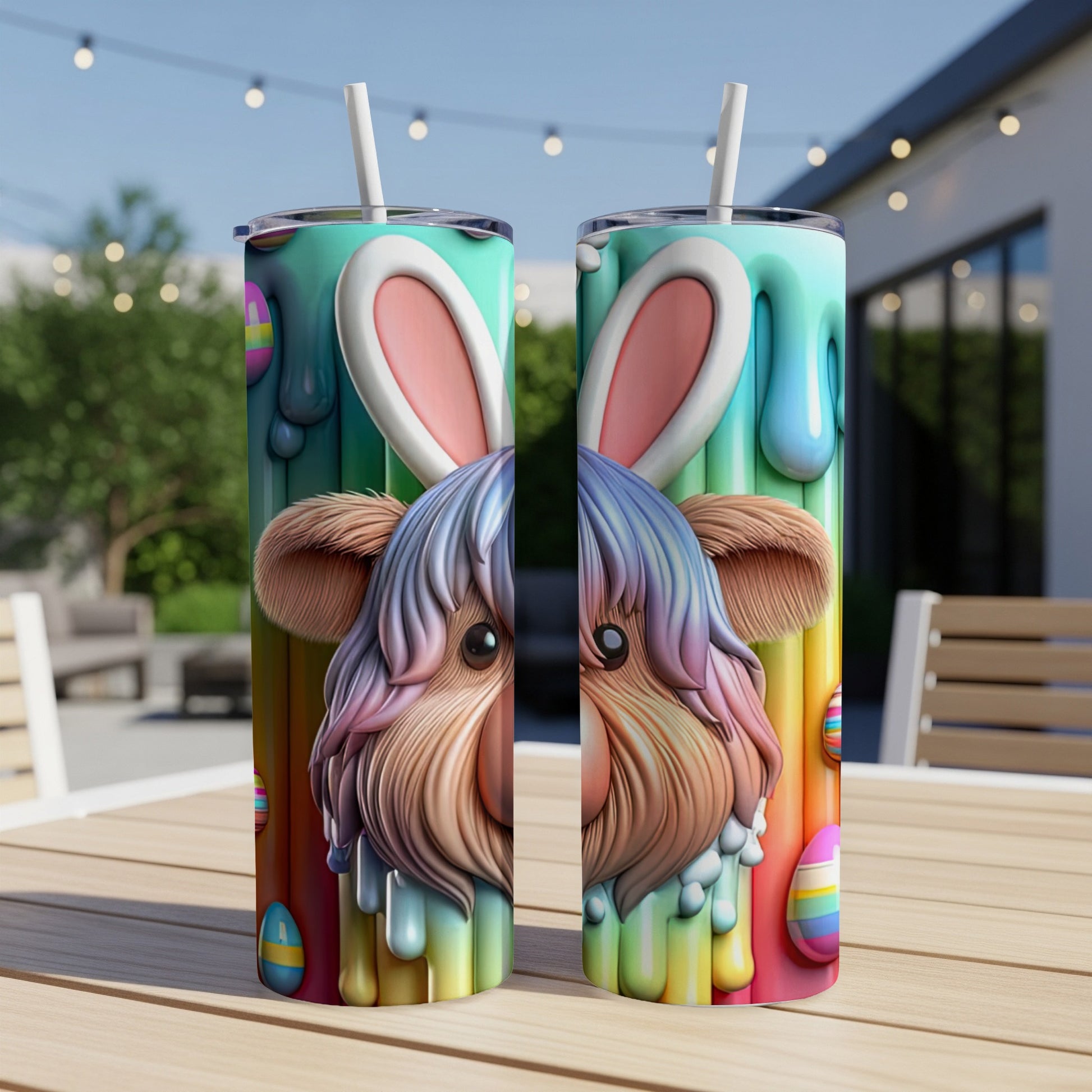 Two colorful tumblers with fluffy dog faces wearing bunny ears, Easter eggs.