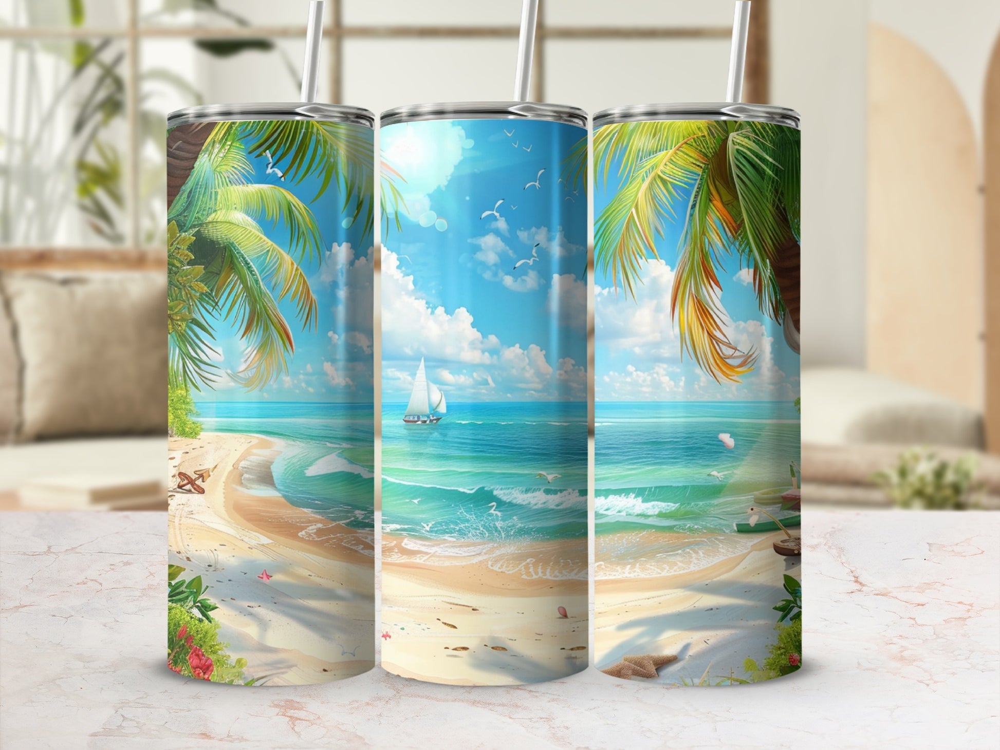 Beach scene with palm trees, sailboat, and ocean on a tumbler.