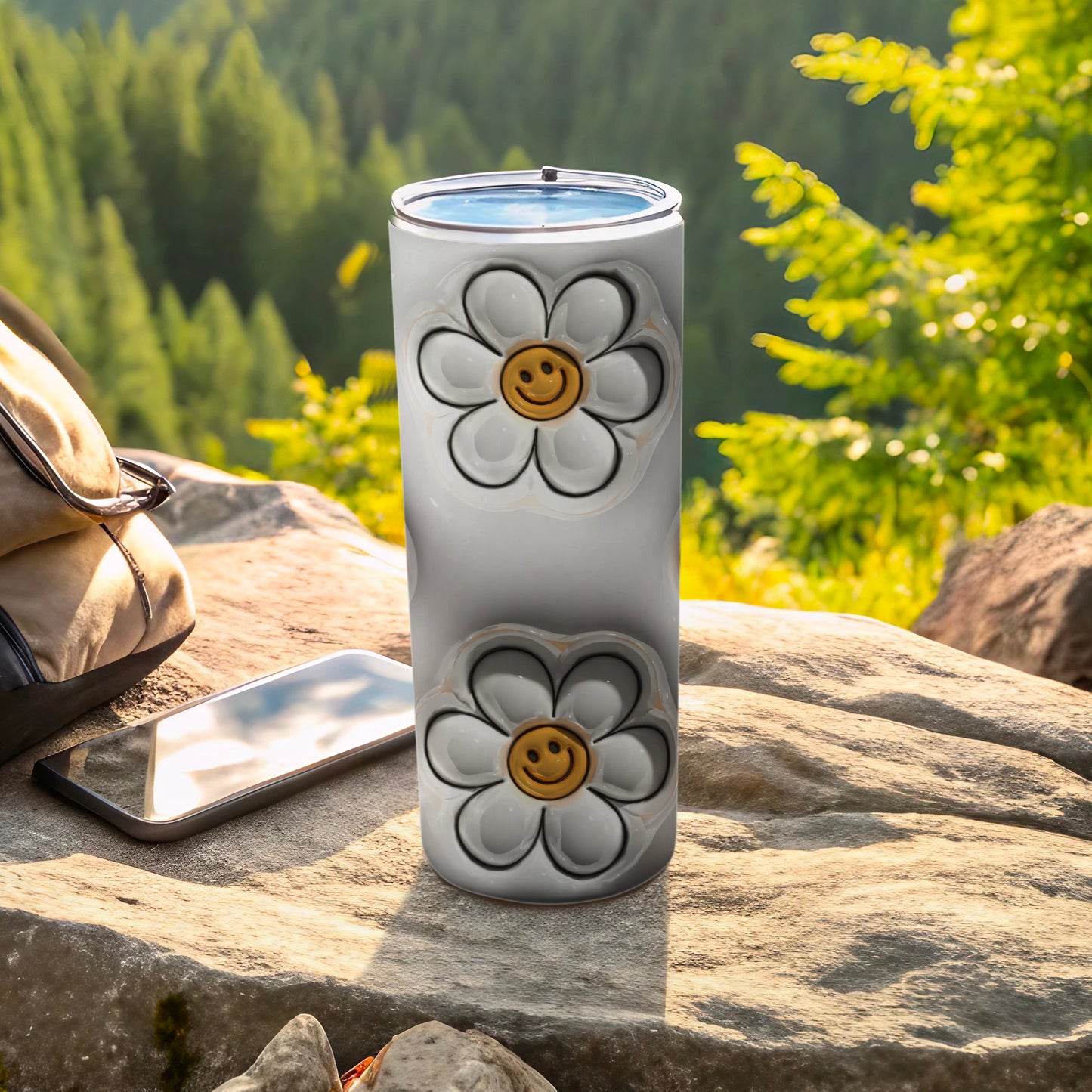 White Daisy Smiley Face Design Travel Tumbler product type