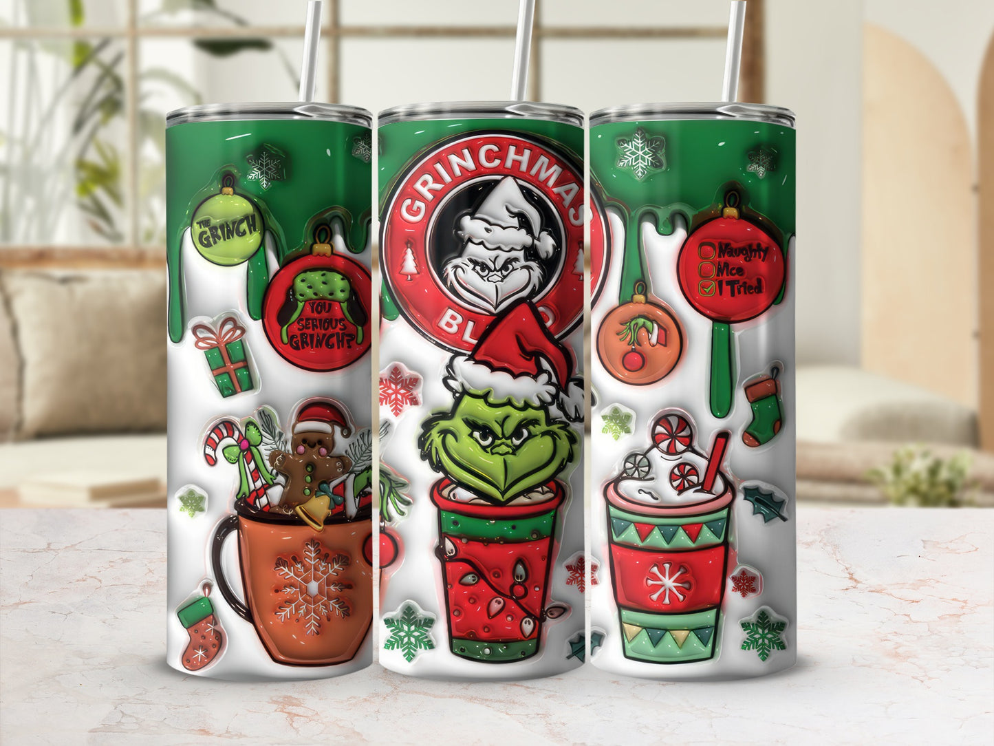 Grinchmas Themed Tall Tumbler Cup with Straw