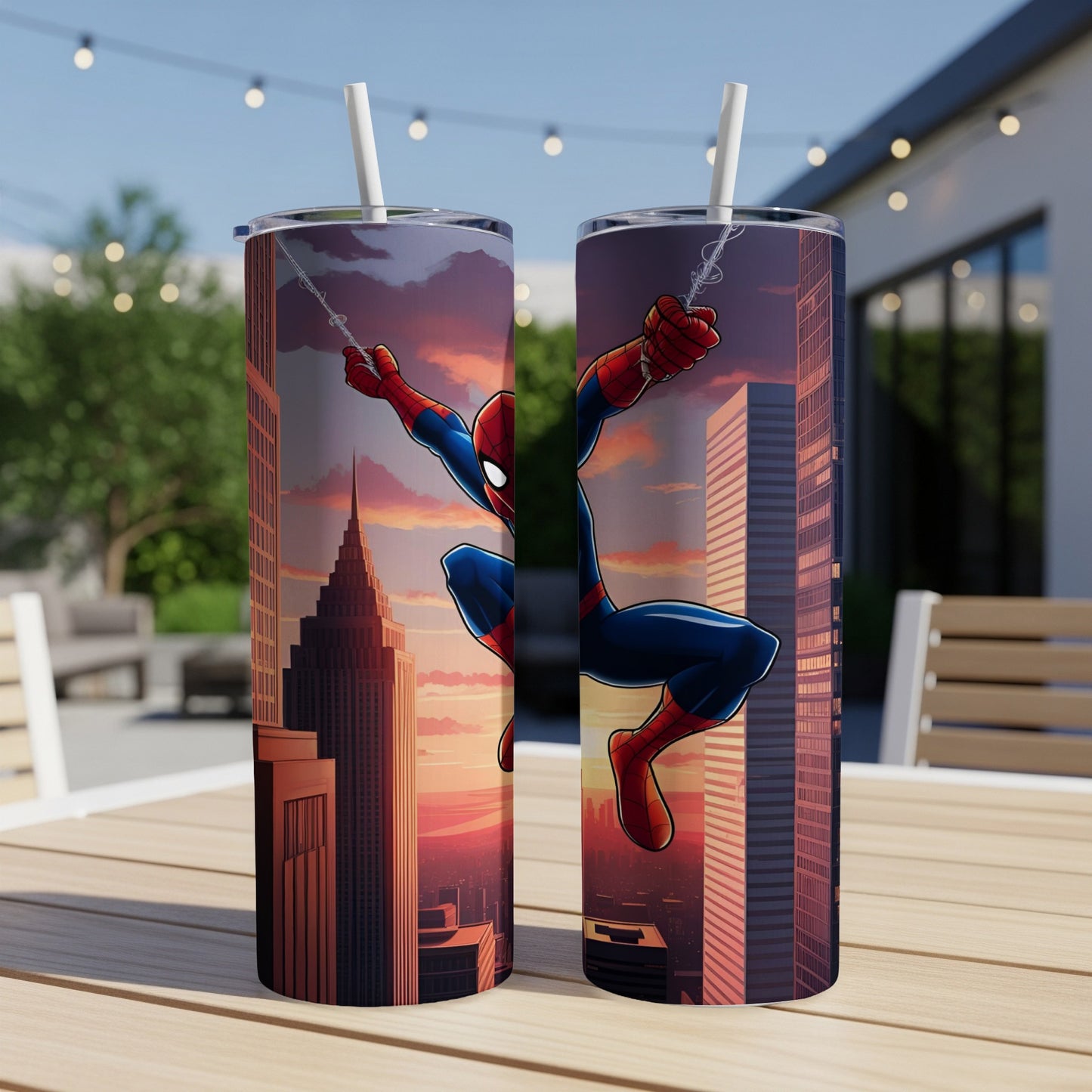 Spider-Man swings between city skyscrapers against a sunset sky on two tumblers.