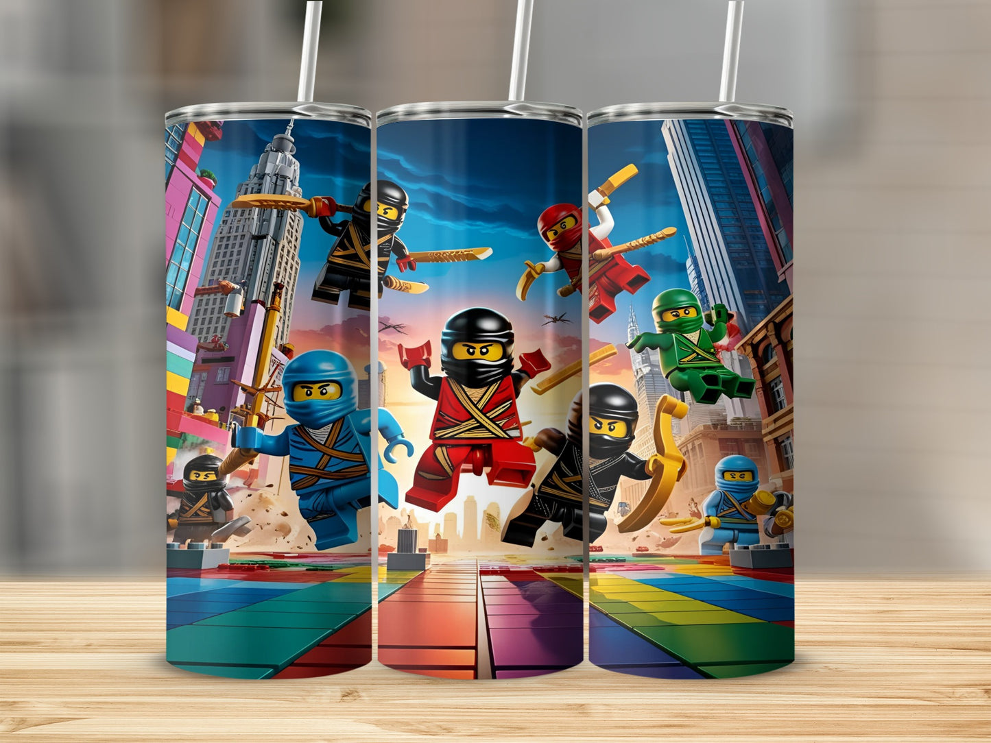 Ninjago characters in action on a city street with colorful foreground.