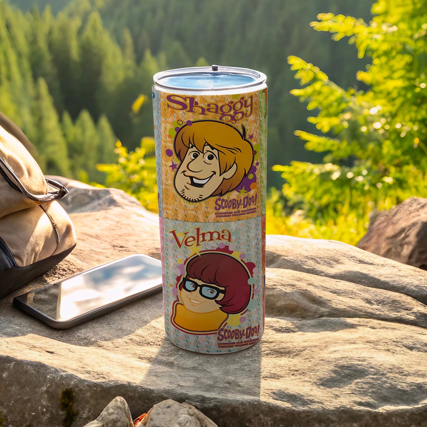 Shaggy and Velma Scooby-Doo characters on stacked cylindrical tumblers.