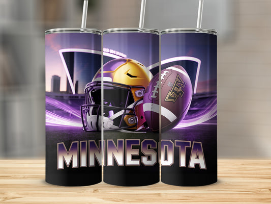 Minnesota football helmet and ball on stadium background.