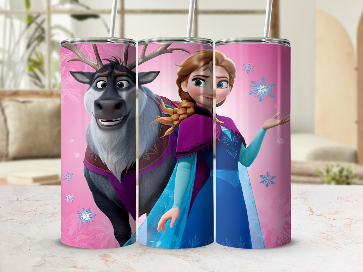 Frozen's Anna and Kristoff with Sven on a pink tumbler with snowflakes.