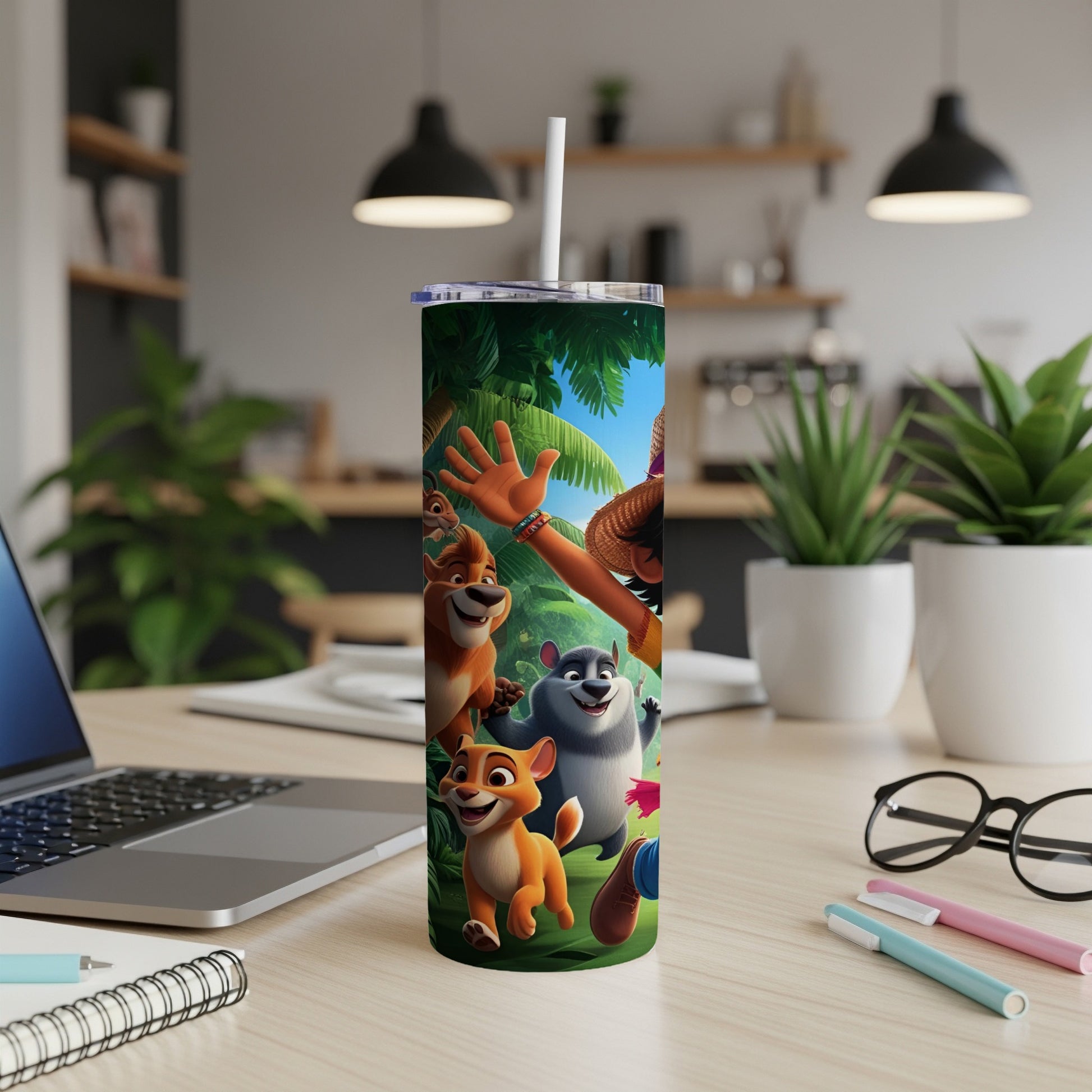Children's tumbler featuring cartoon lions, a monkey, and a girl on a tropical background.