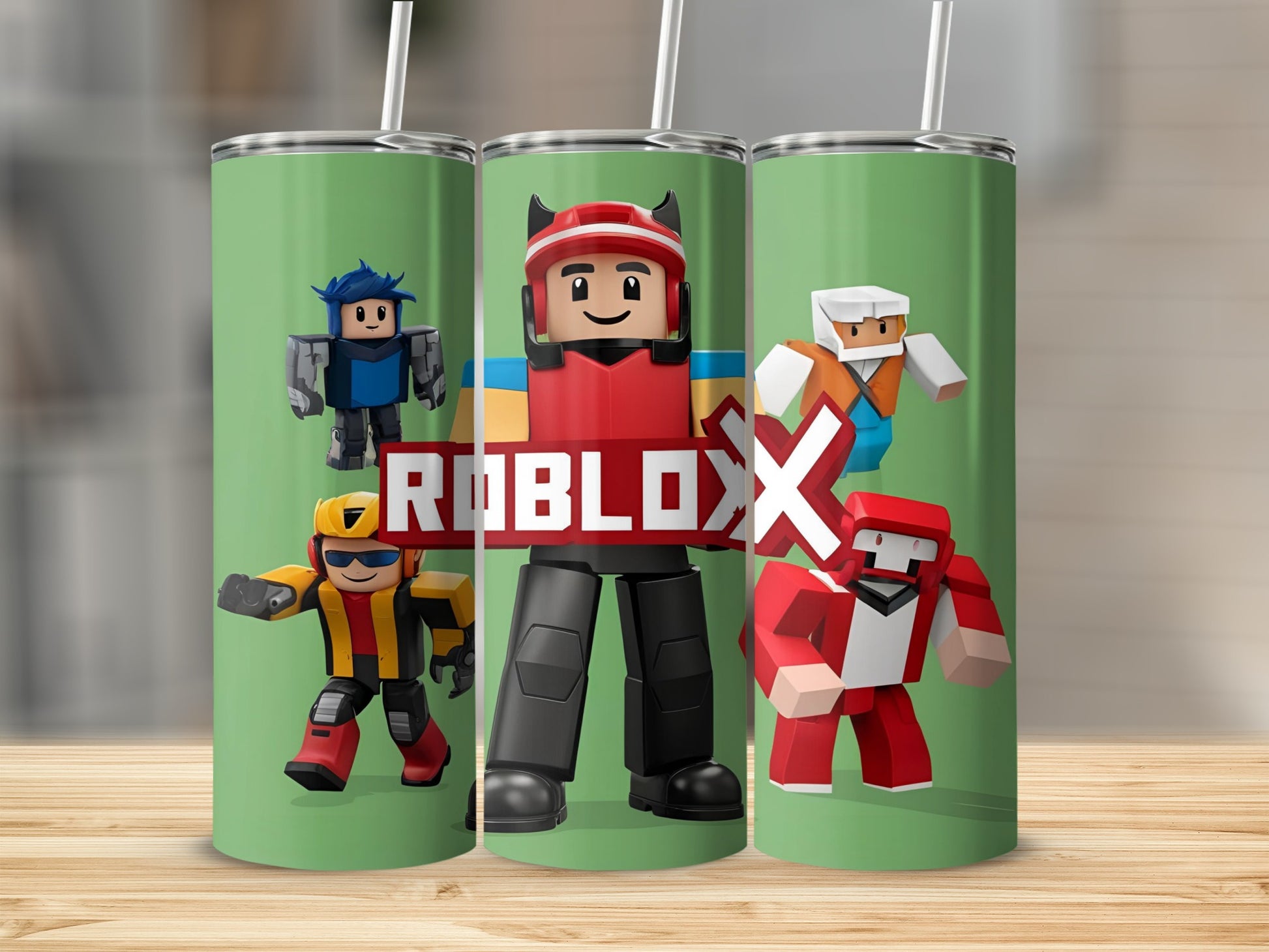 Roblox characters on a green background with Roblox logo.