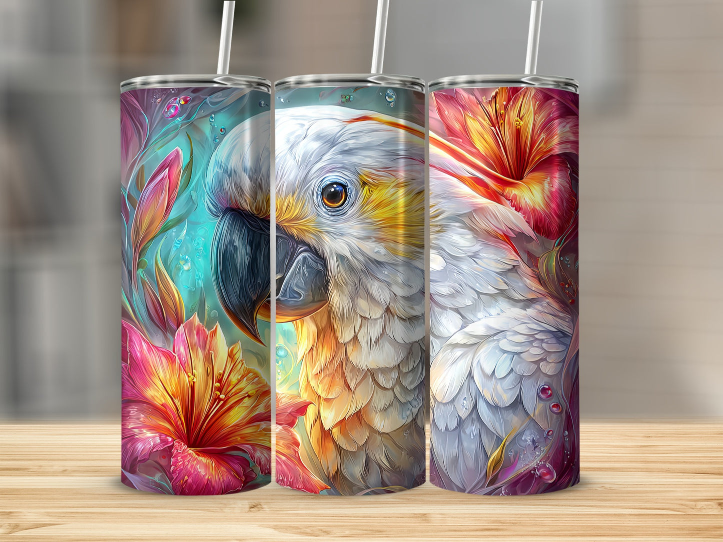 Colorful Parrot and Floral Design Tumbler Product