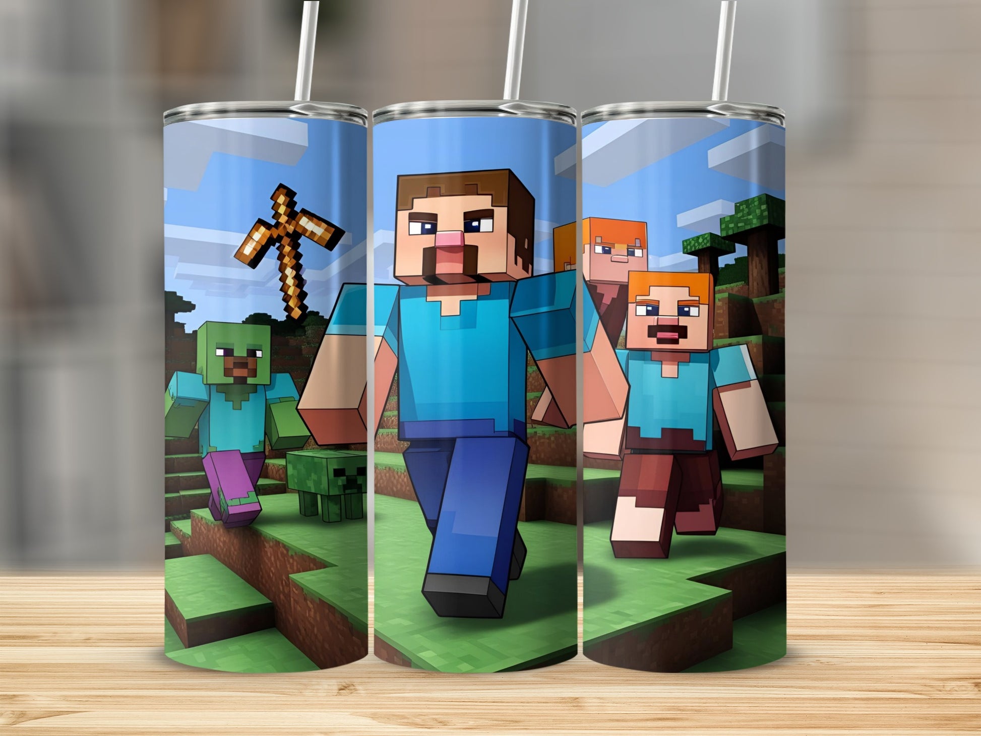 Minecraft characters Steve, a zombie, and a villager on a grassy landscape.
