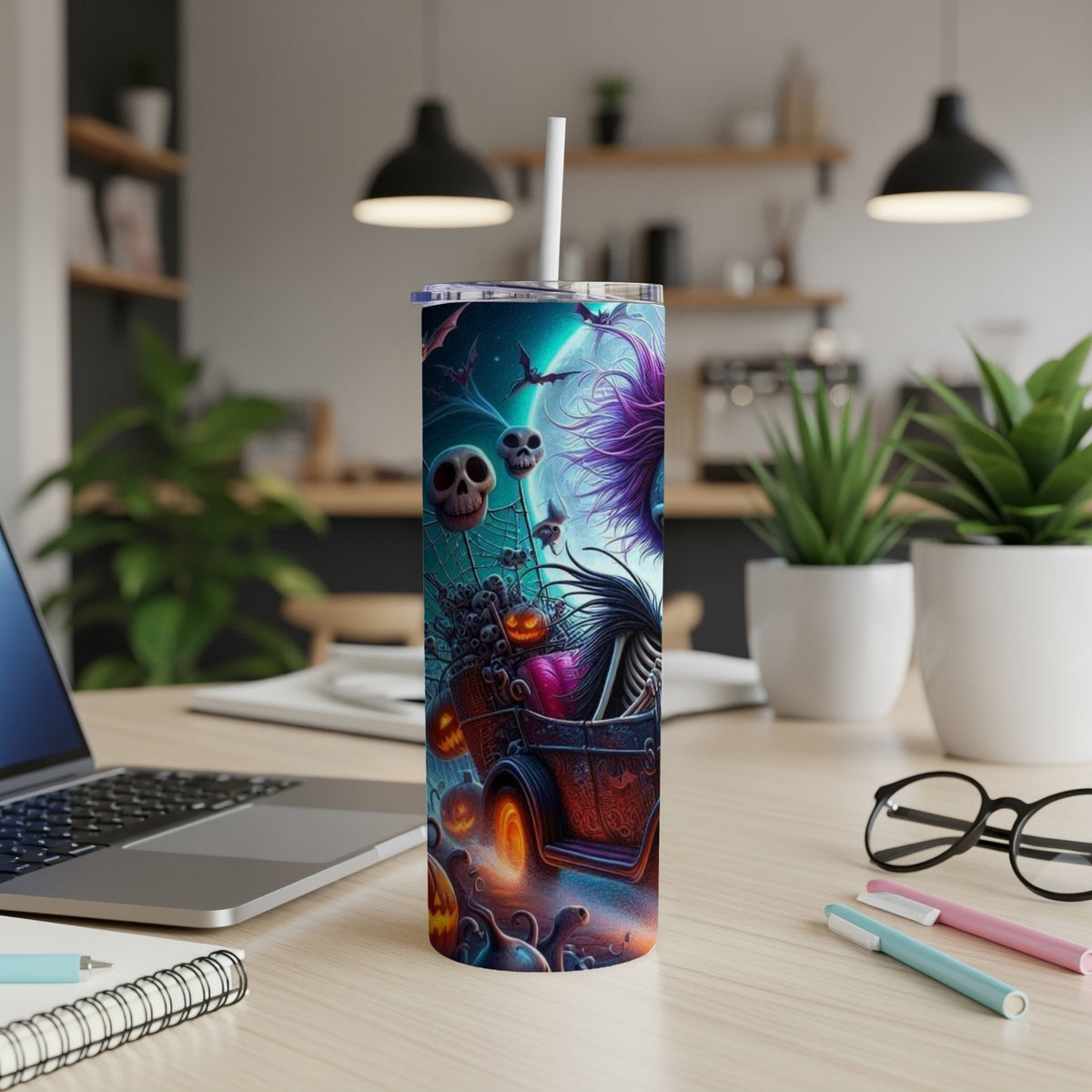 Halloween tumbler with spooky scene featuring skulls, pumpkins, bats, and a skeleton driving a car.