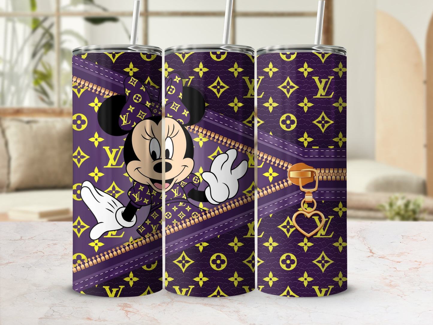 Minnie Mouse on purple background with LV pattern and gold zipper detail.
