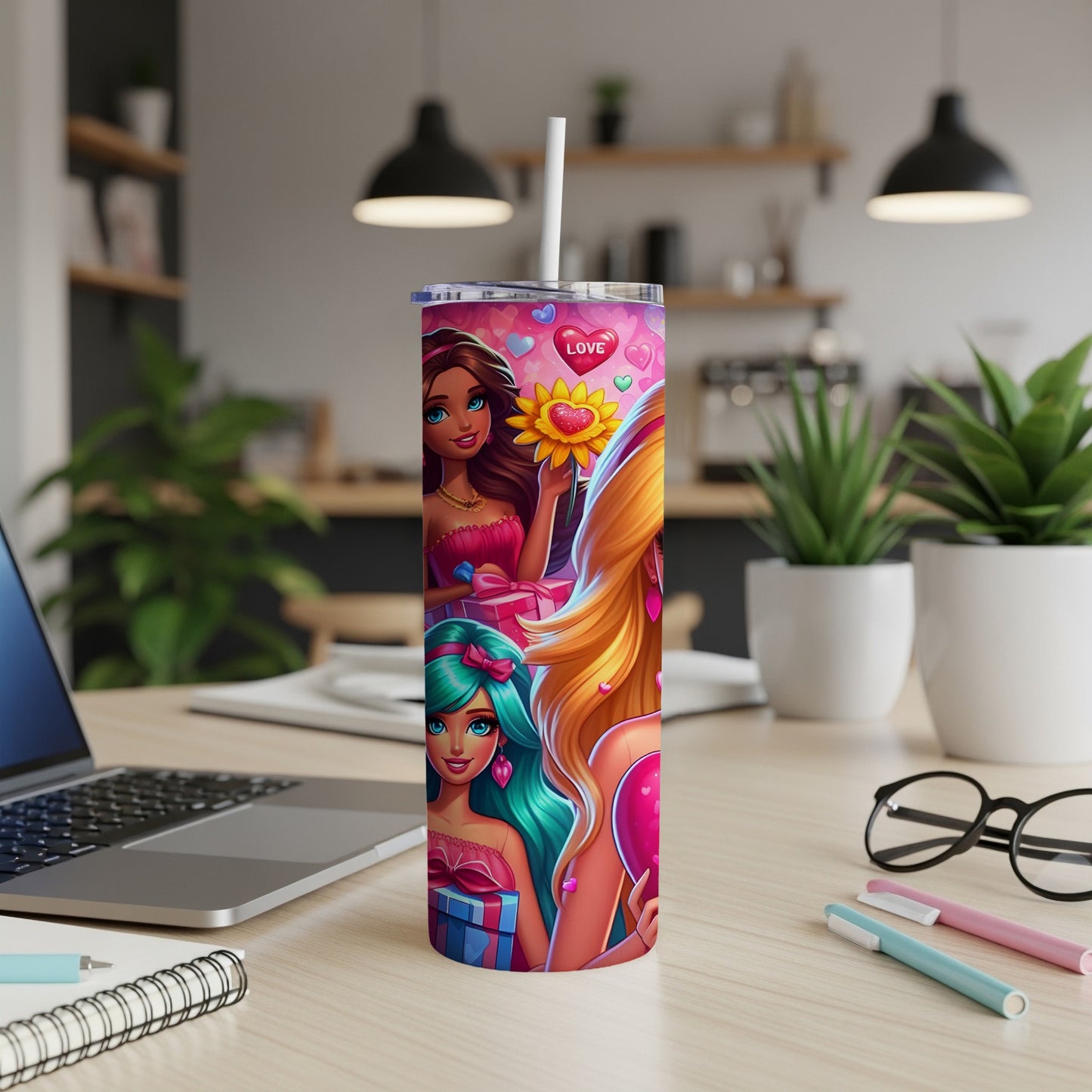 Pink tumbler with Barbie-like characters, gifts, and hearts.