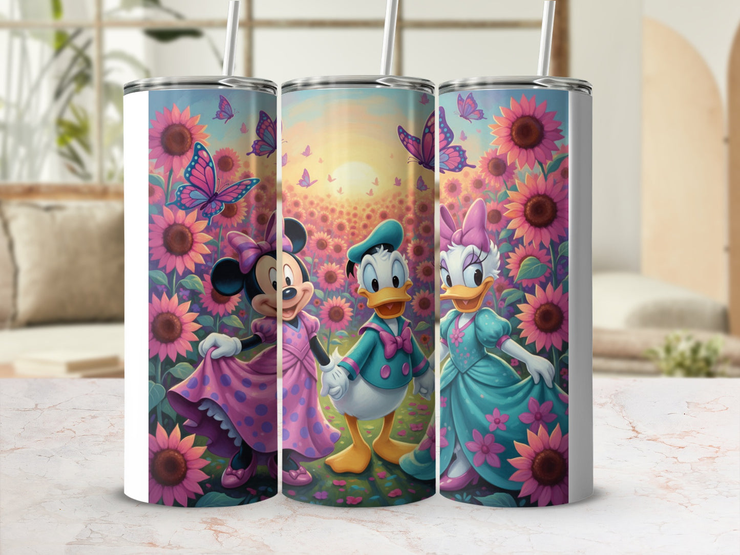 Disney Characters in Sunflower Field Design Tumbler
