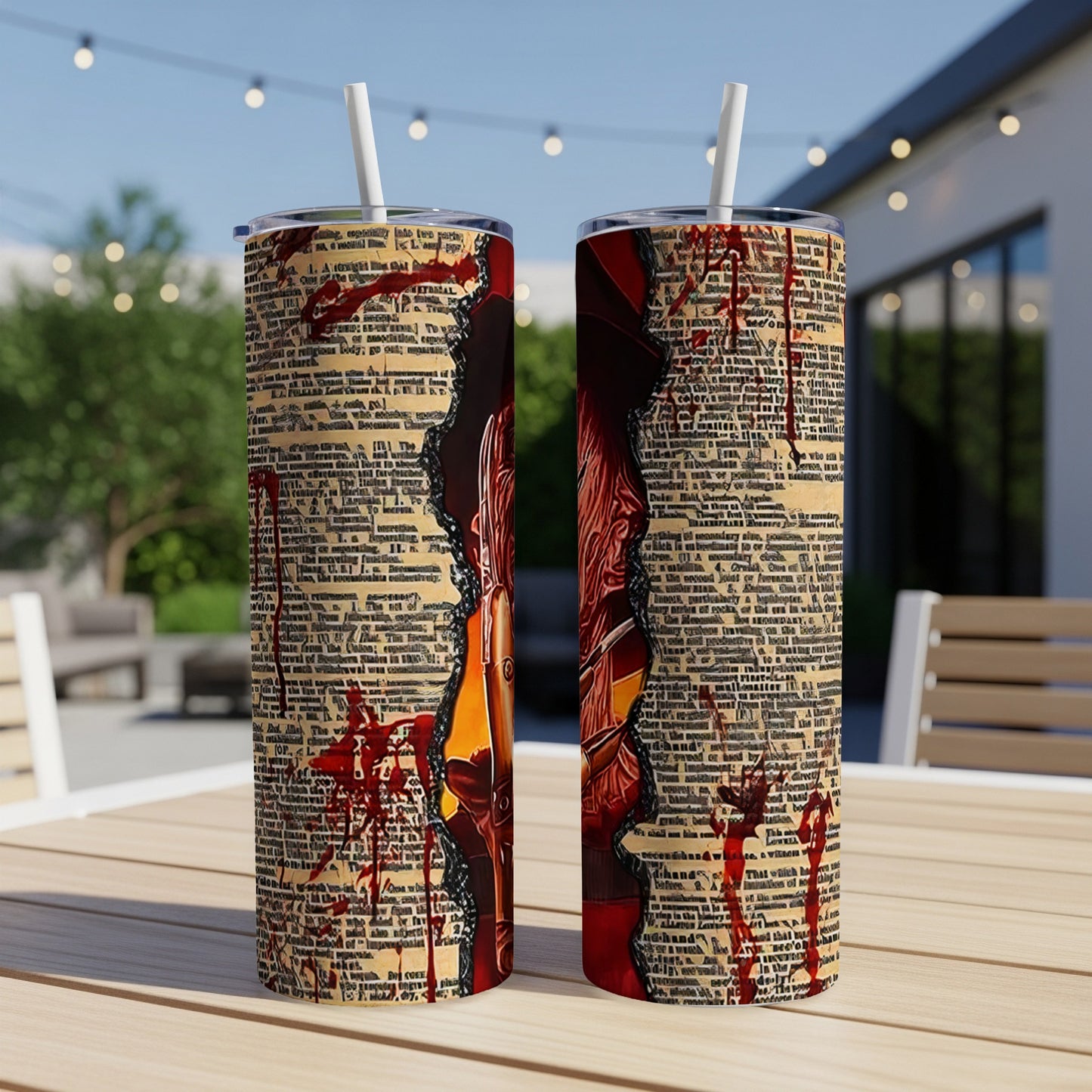 Tumblers with a bloody, torn book page design and straws.