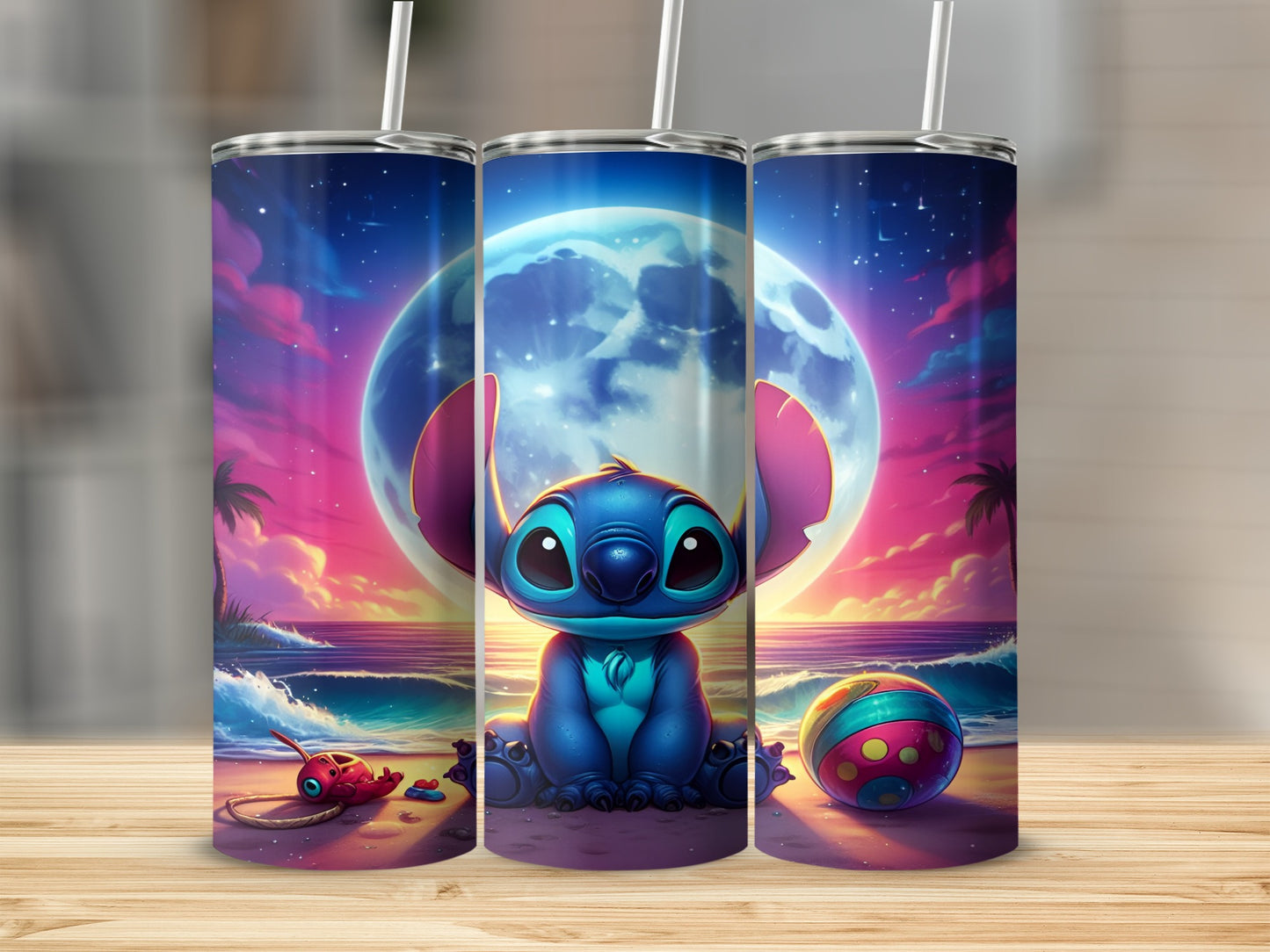 Stitch character on a beach with beach ball and moon in background.