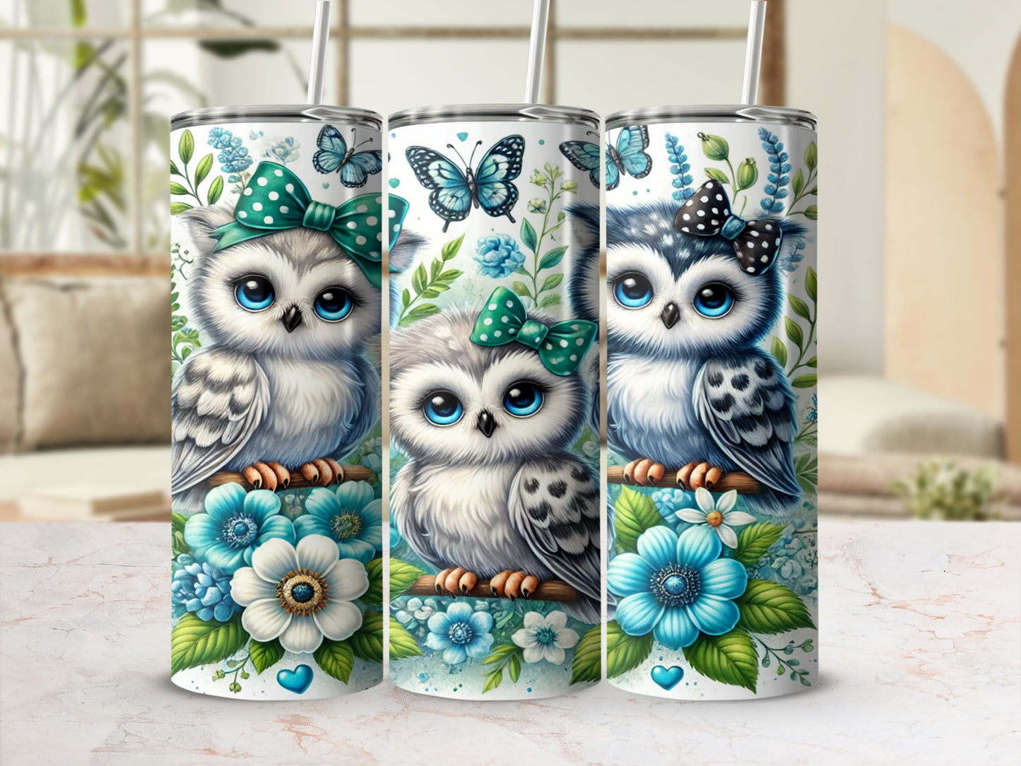 Adorable Owls with Flowers Insulated Tumbler Cup