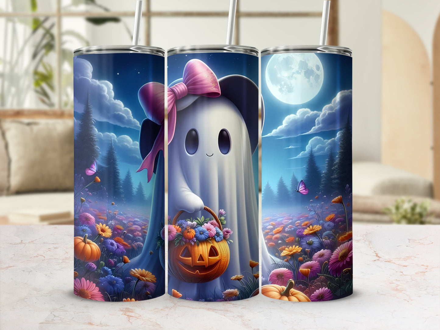Ghost with pink bow holds pumpkin basket in a field of colorful flowers.